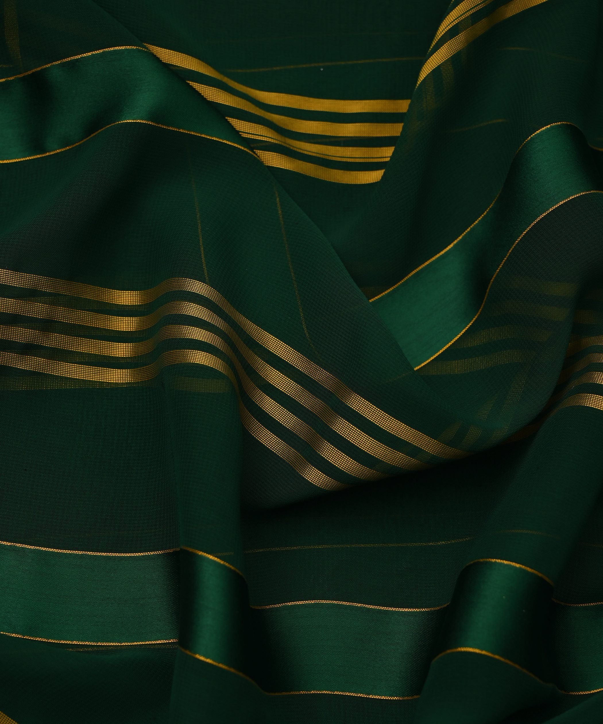 Dark Green Georgette Fabric with Gold and Satin Stripes