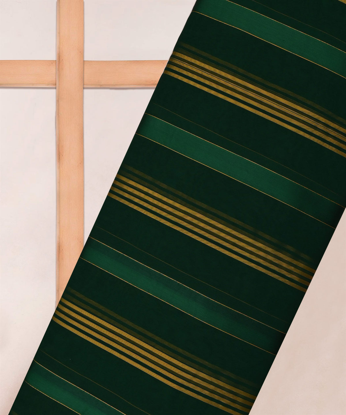 Dark Green Georgette Fabric with Gold and Satin Stripes