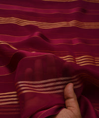 Dark Wine Georgette Fabric with Gold and Satin Stripes