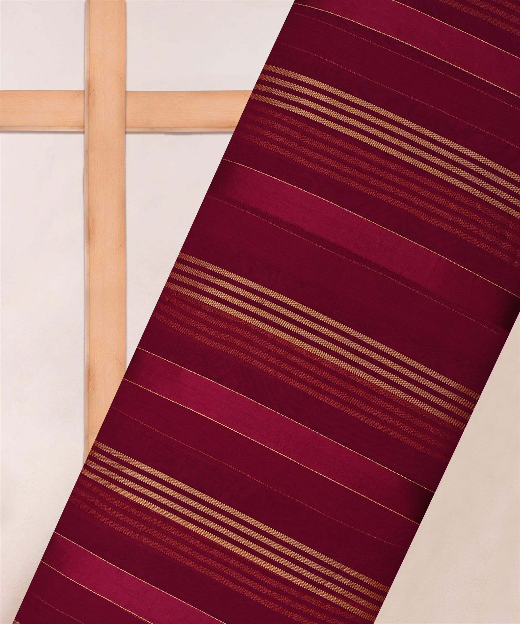 Dark Wine Georgette Fabric with Gold and Satin Stripes