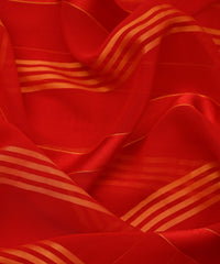 Red Georgette Fabric with Gold and Satin Stripes