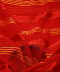 Red Georgette Fabric with Gold and Satin Stripes