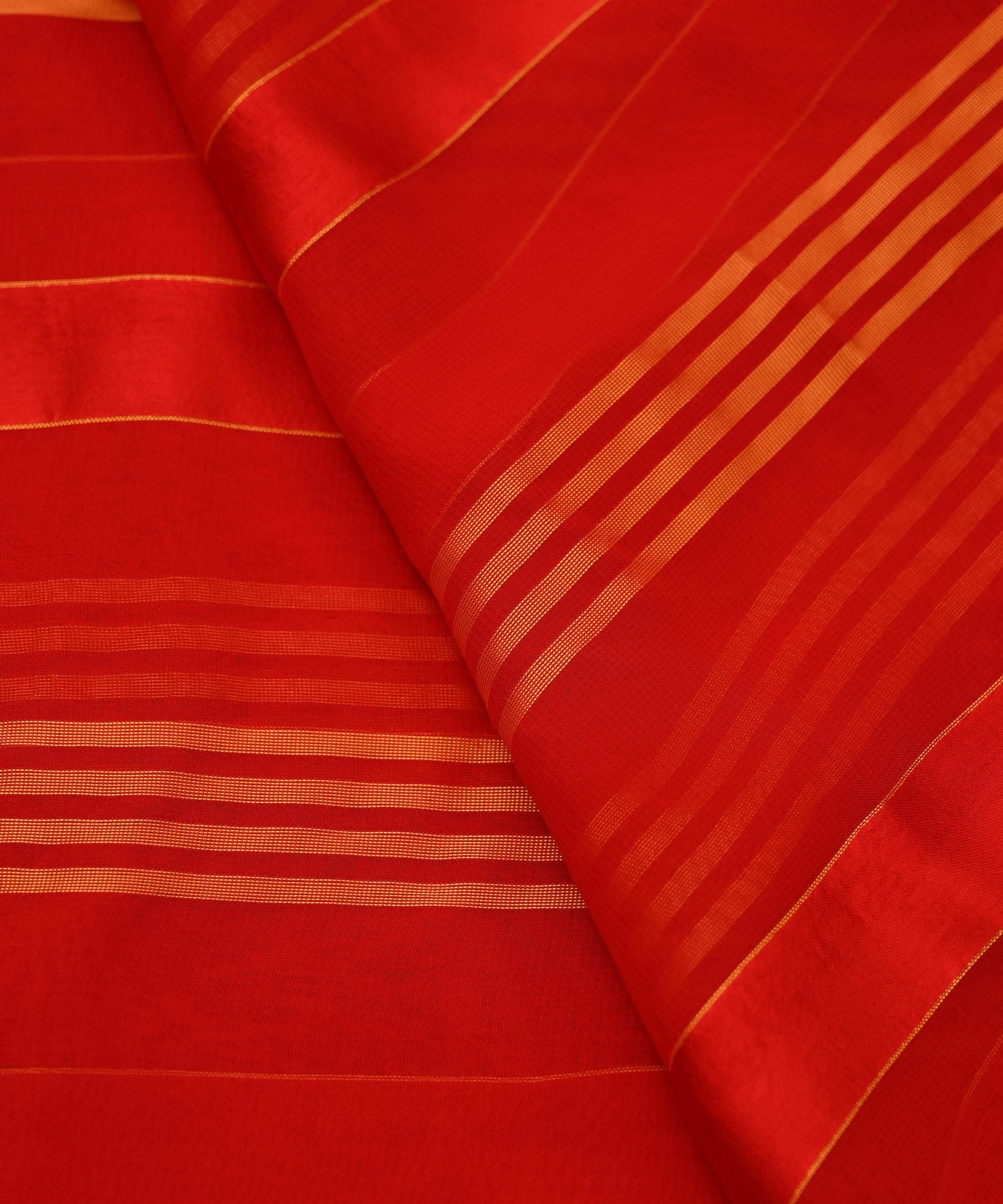 Red Georgette Fabric with Gold and Satin Stripes