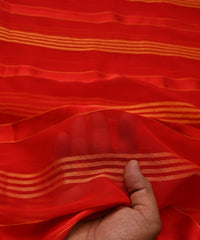 Red Georgette Fabric with Gold and Satin Stripes