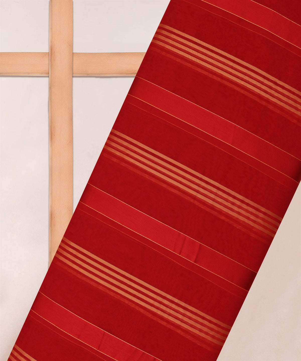 Red Georgette Fabric with Gold and Satin Stripes