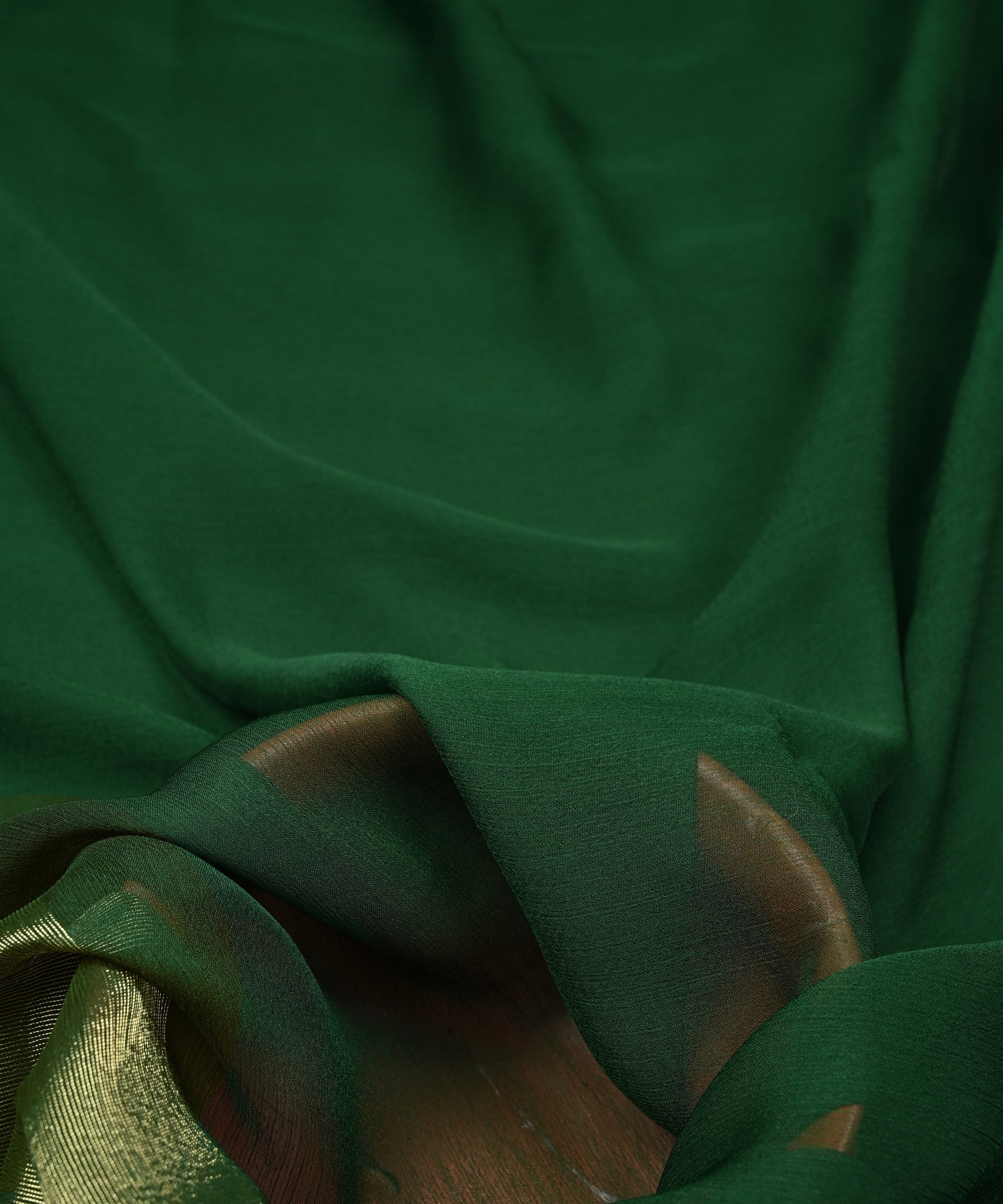 Dark Green Georgette Fabric with Gold Border