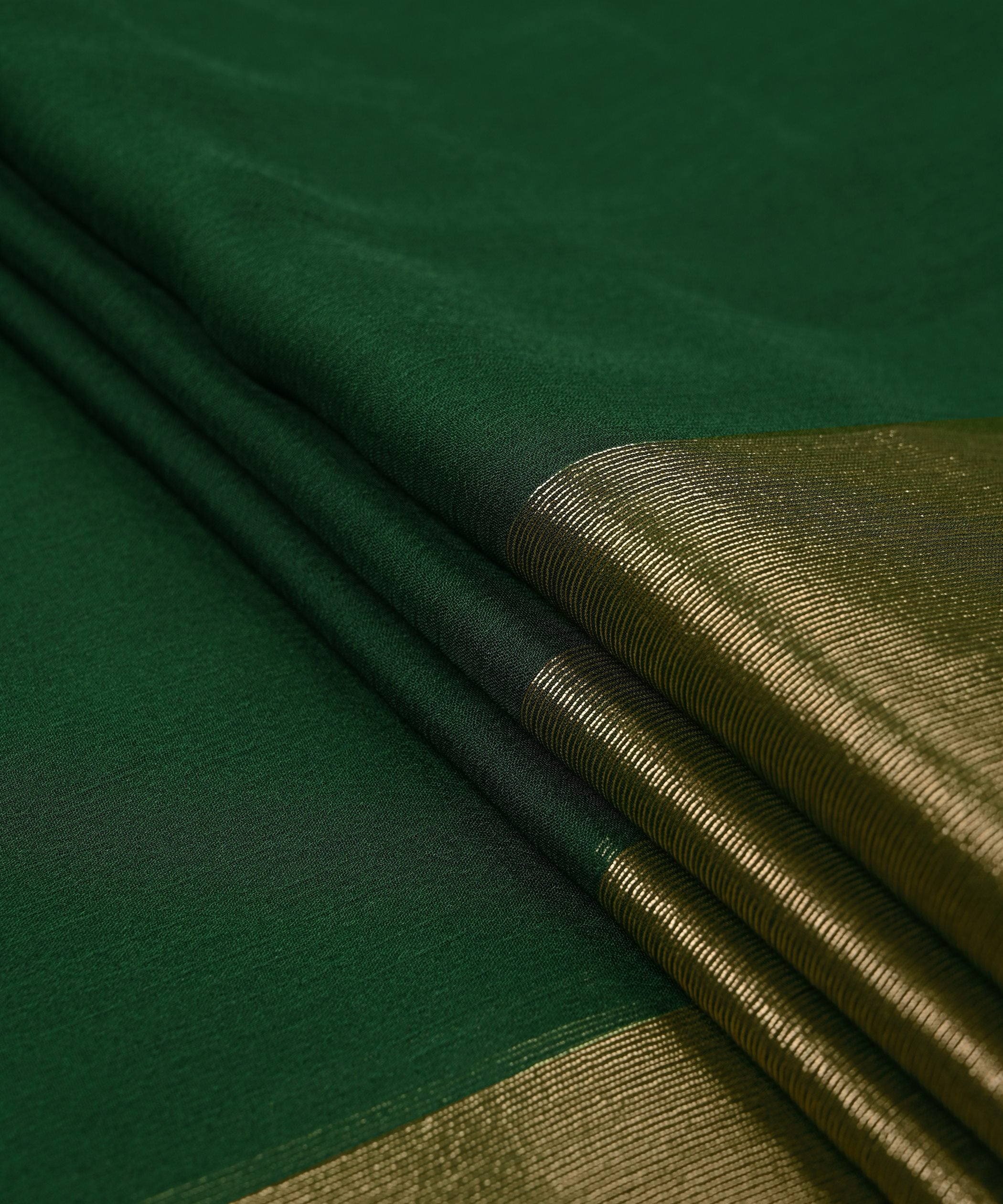 Dark Green Georgette Fabric with Gold Border