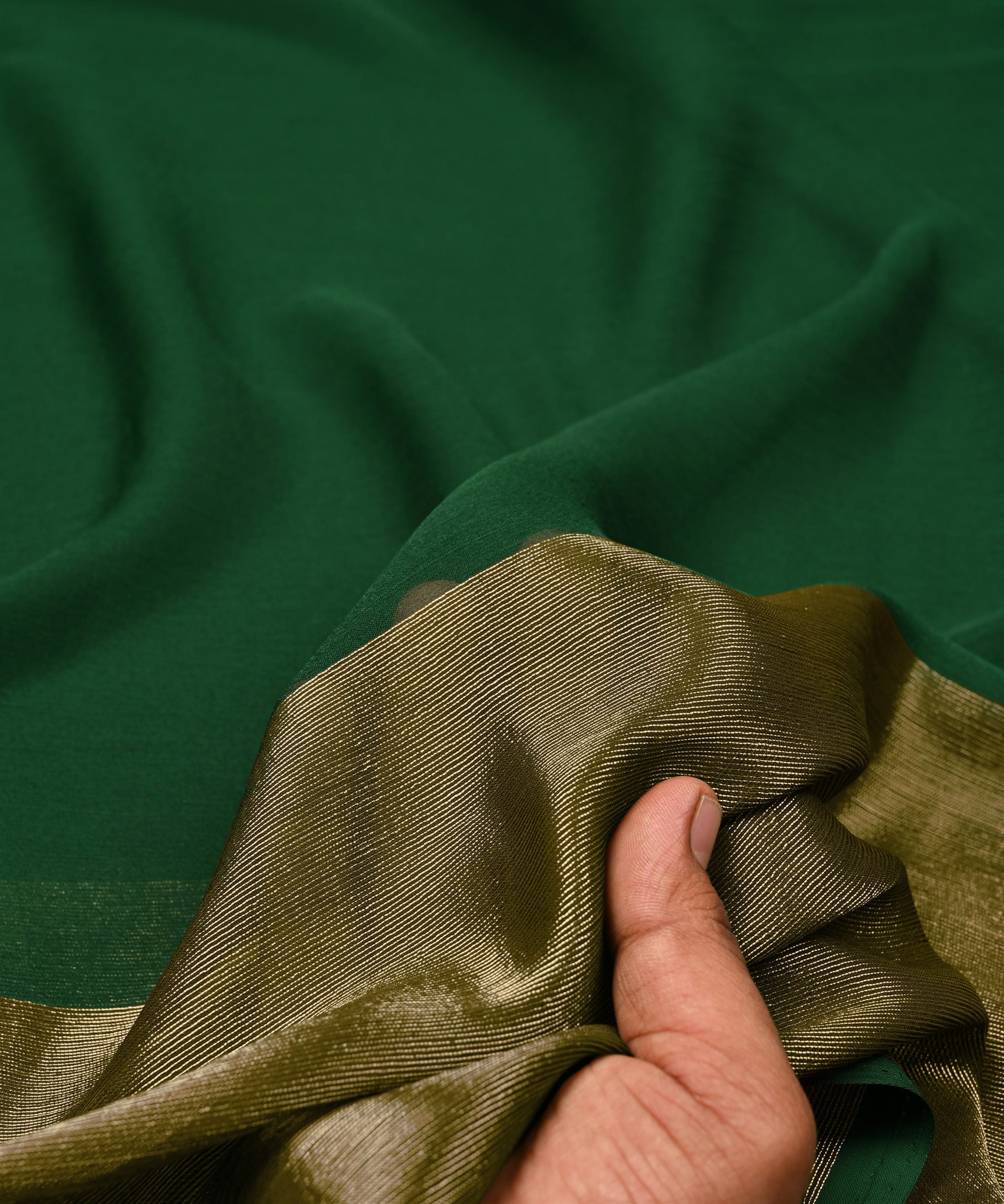 Dark Green Georgette Fabric with Gold Border