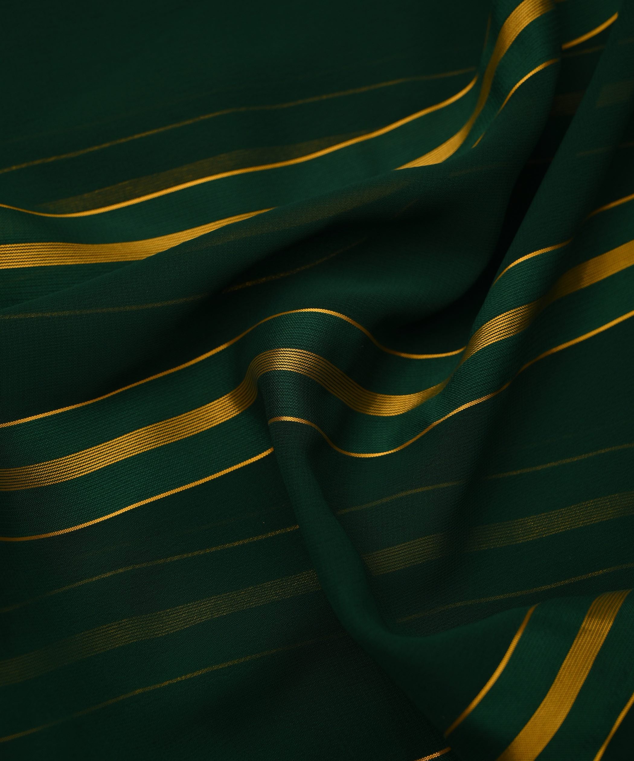 Dark Green Georgette Fabric with Golden Stripes