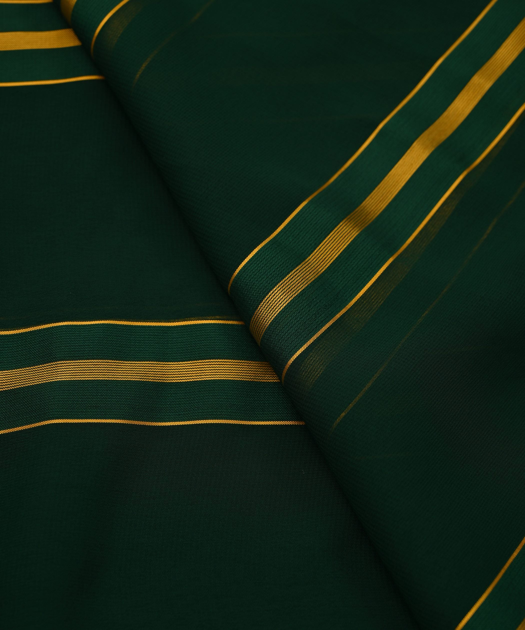 Dark Green Georgette Fabric with Golden Stripes