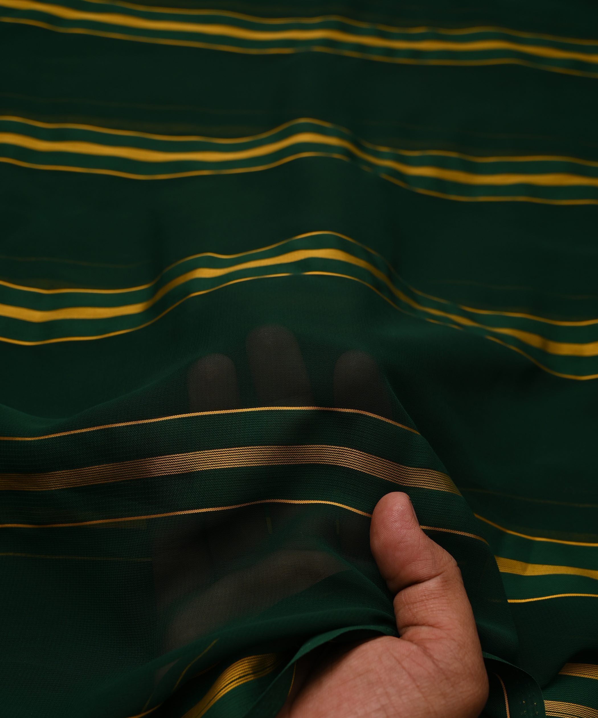 Dark Green Georgette Fabric with Golden Stripes