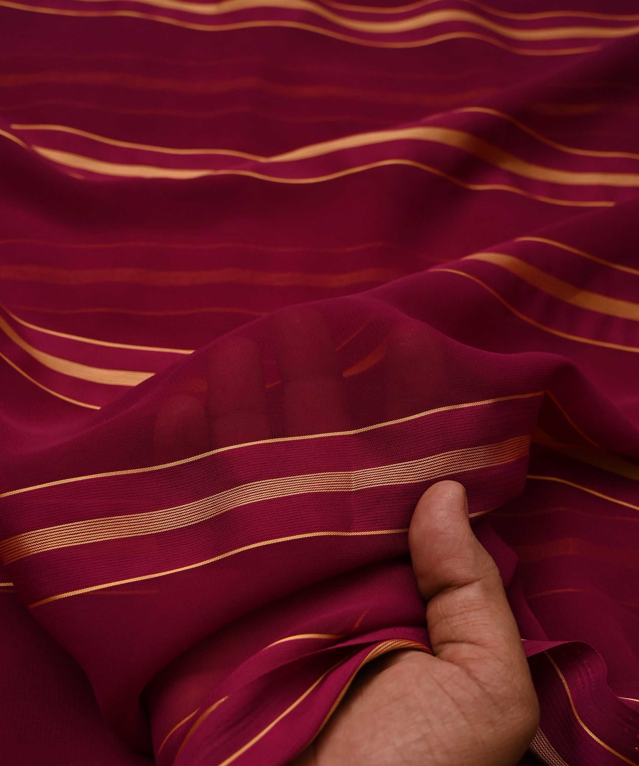 Dark Wine Georgette Fabric with Golden Stripes