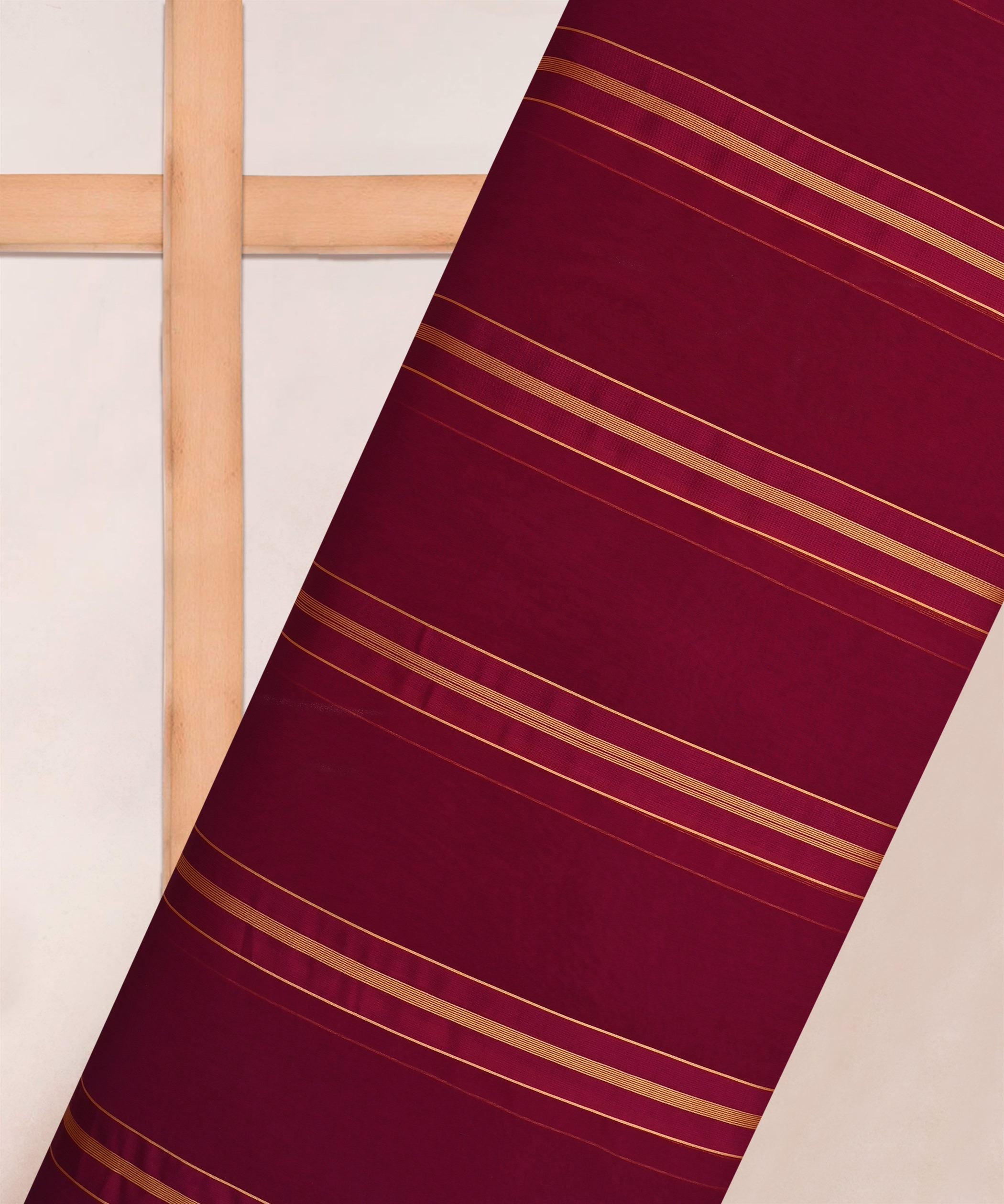 Dark Wine Georgette Fabric with Golden Stripes