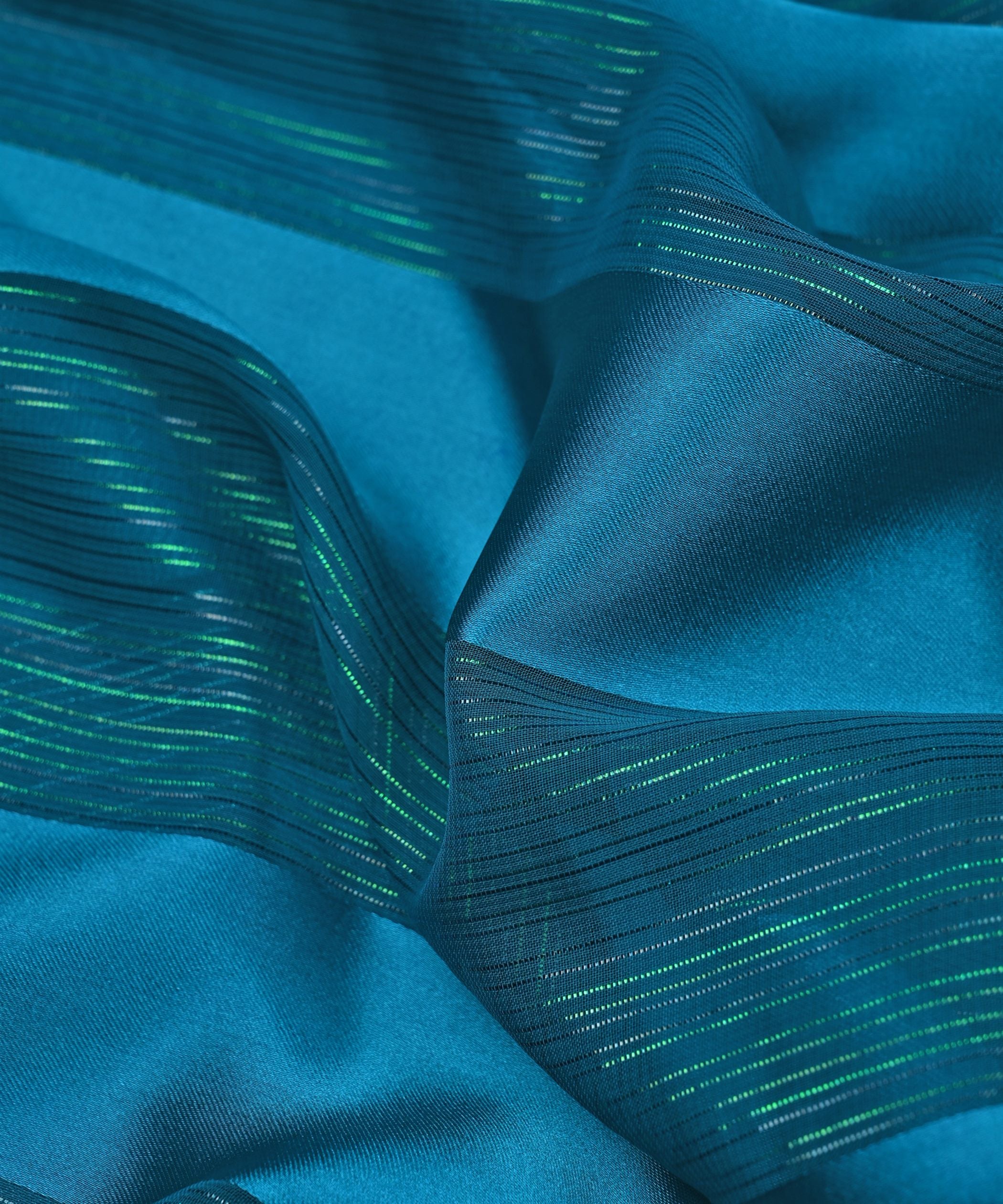 Dark Teal Georgette Fabric with Patta & Stripes