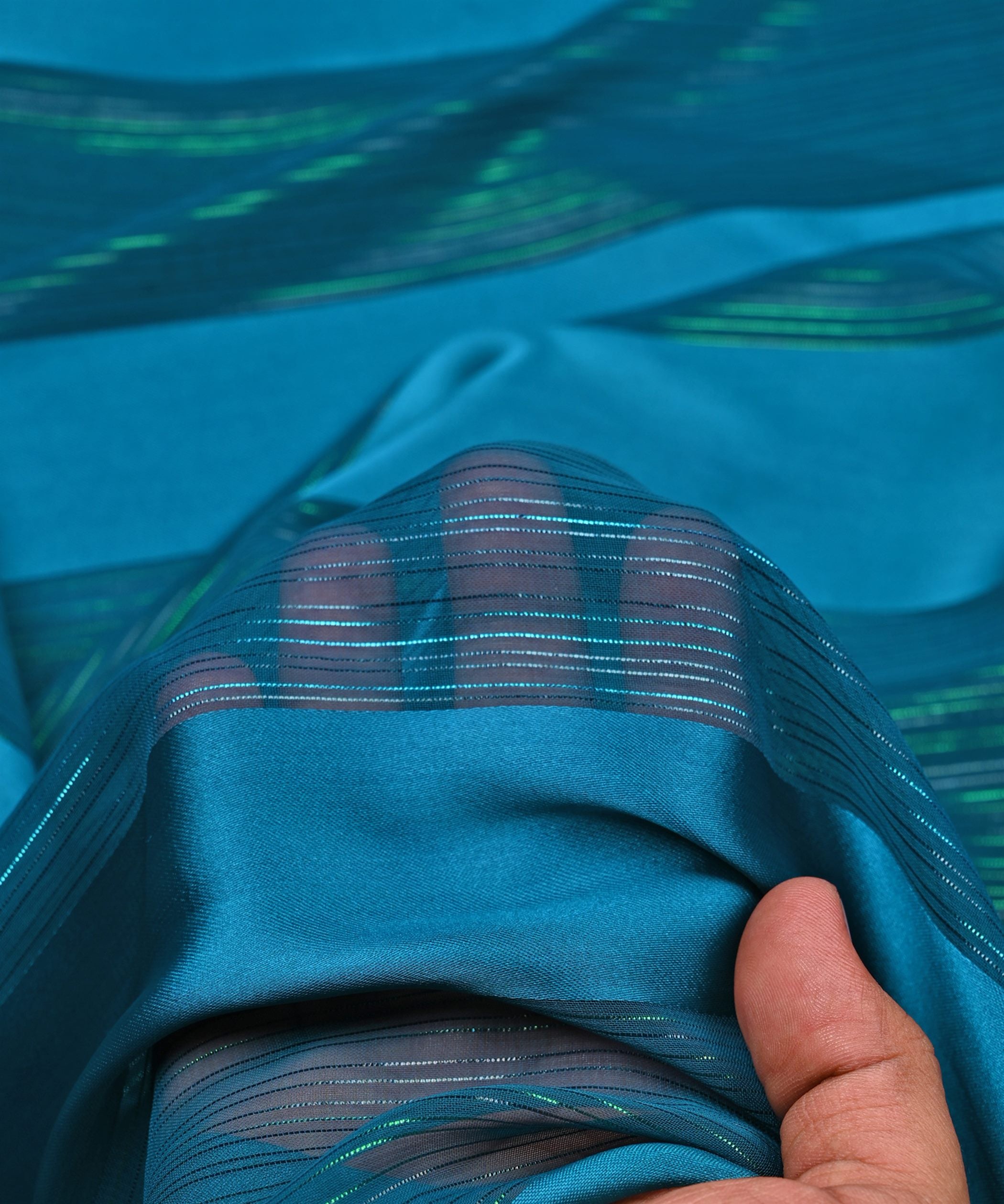 Dark Teal Georgette Fabric with Patta & Stripes