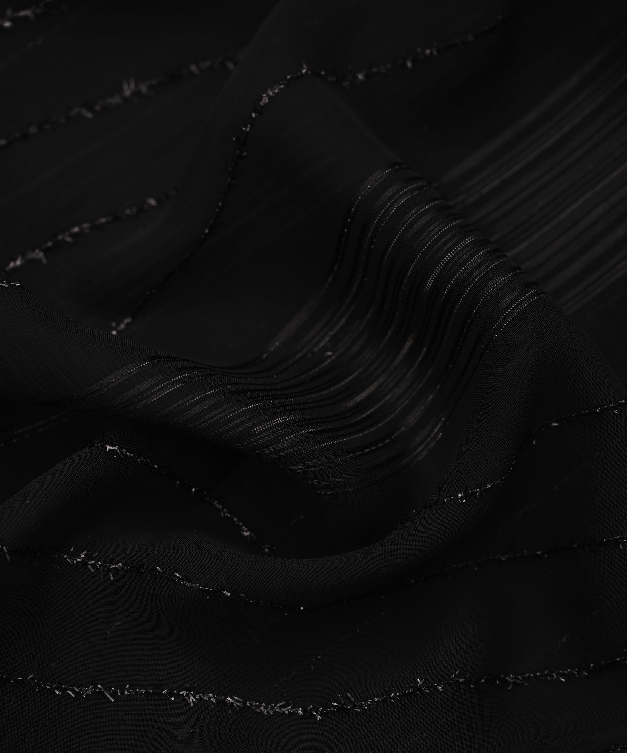 Black Georgette Fabric with Satin and Fur Stripes