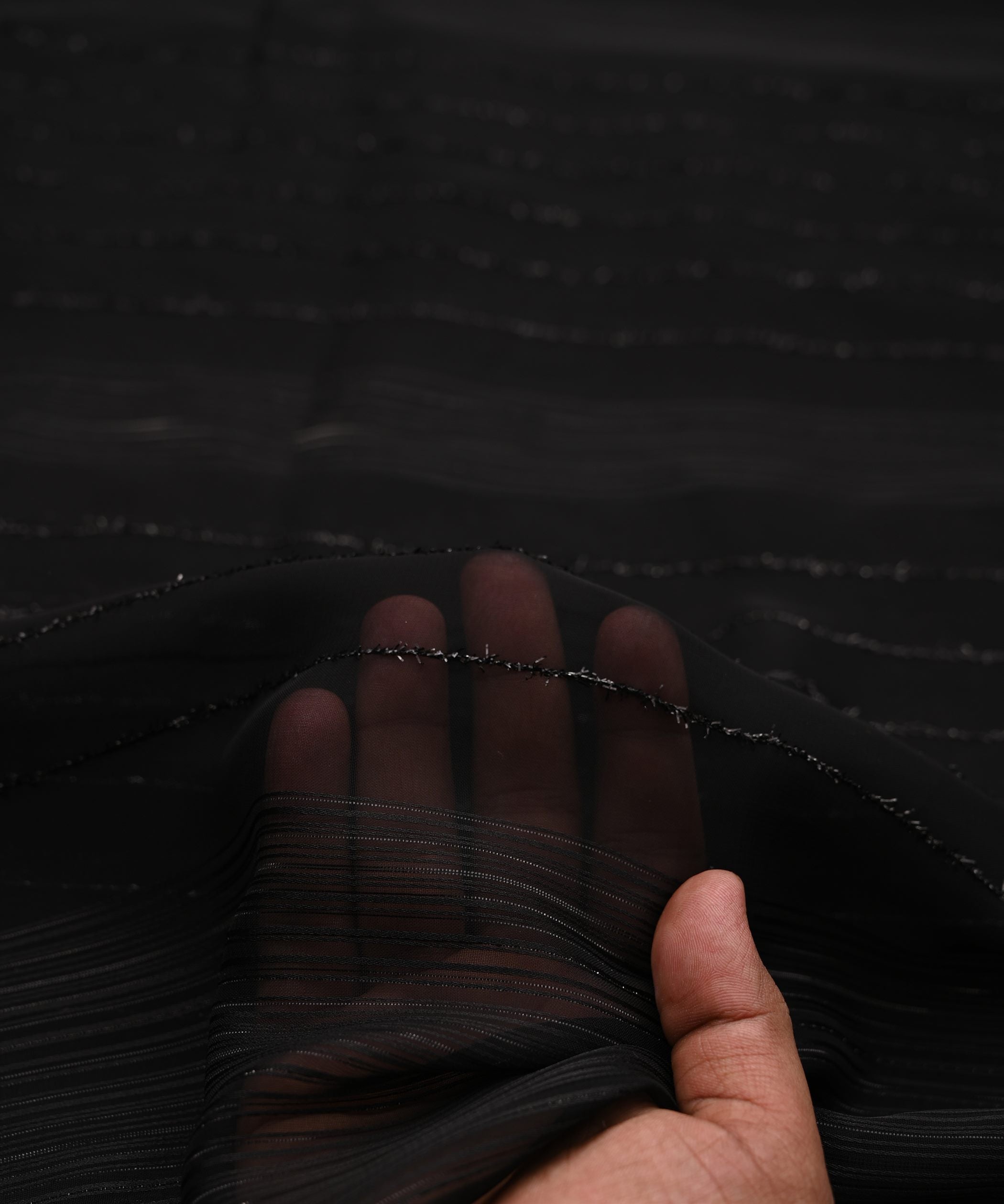 Black Georgette Fabric with Satin and Fur Stripes