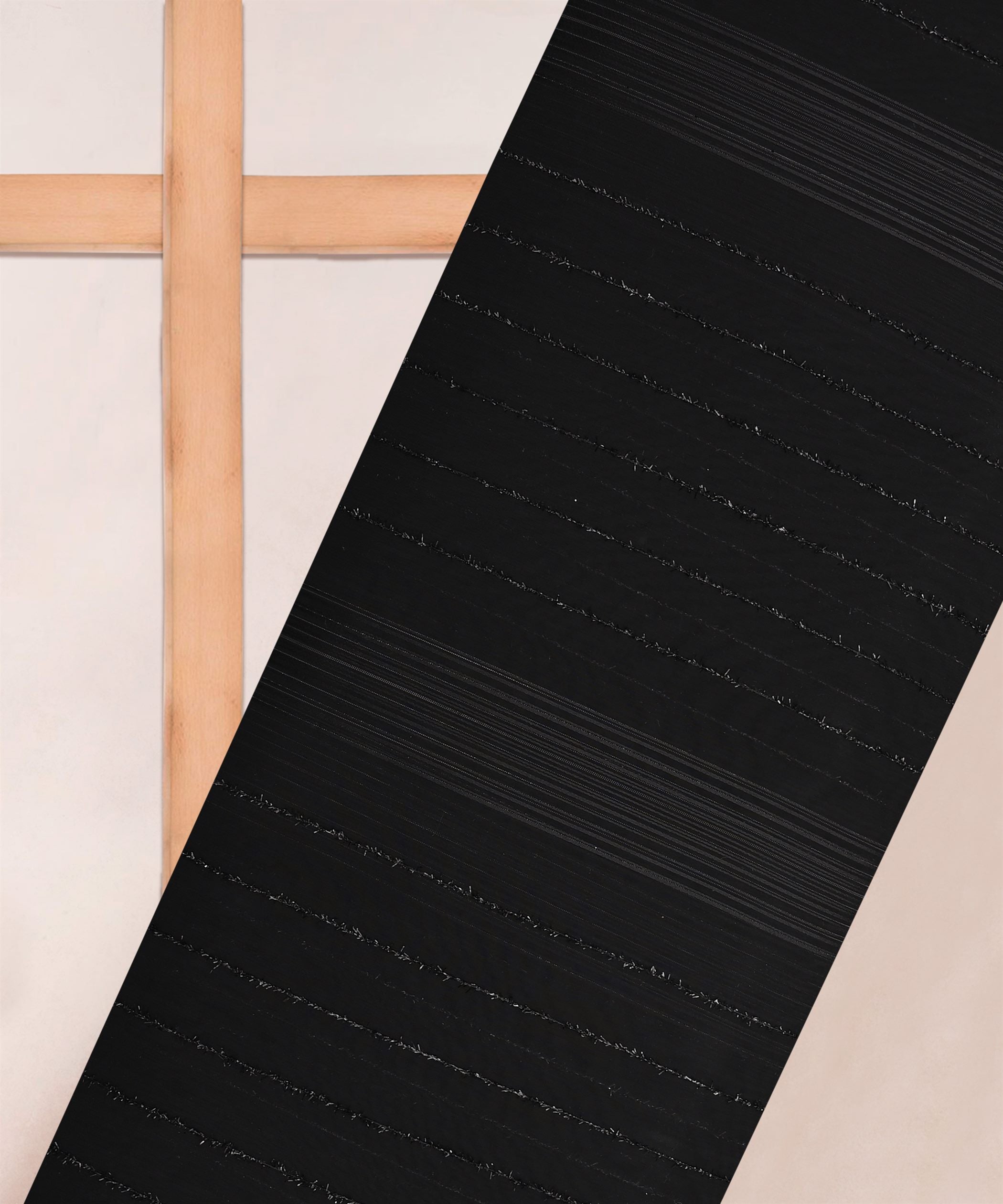 Black Georgette Fabric with Satin and Fur Stripes