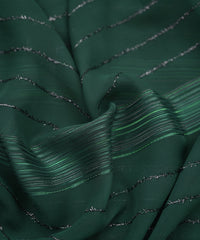 Bottle Green Georgette Fabric with Satin and Fur Stripes