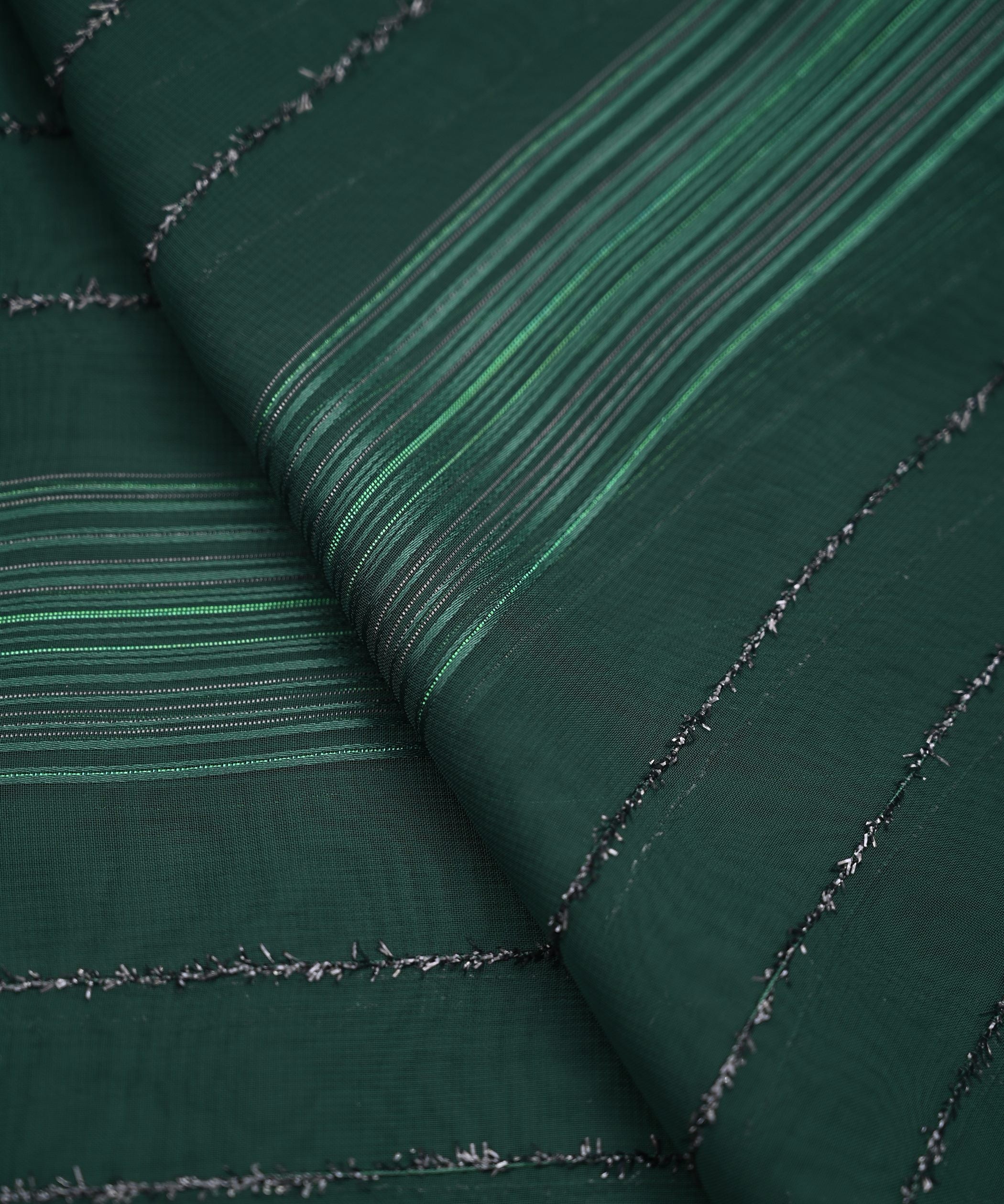 Bottle Green Georgette Fabric with Satin and Fur Stripes