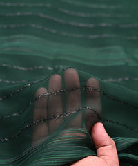 Bottle Green Georgette Fabric with Satin and Fur Stripes