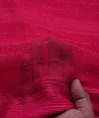 Hot Pink Georgette Fabric with Satin and Fur Stripes