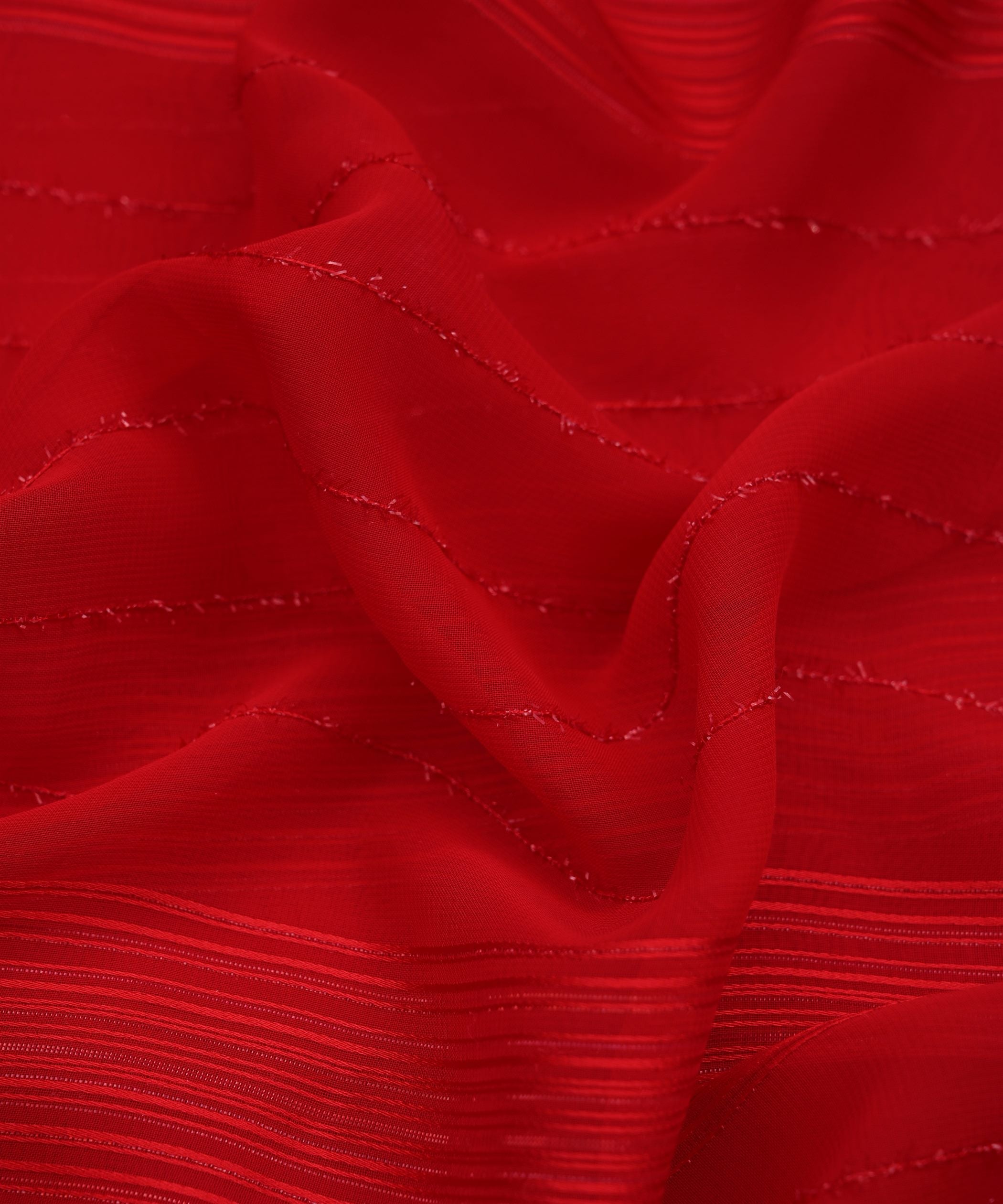 Red Georgette Fabric with Satin and Fur Stripes