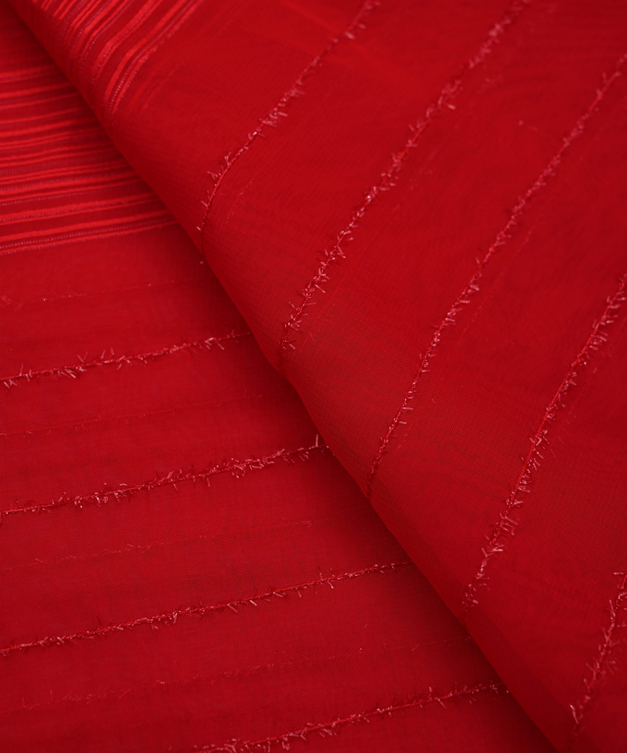 Red Georgette Fabric with Satin and Fur Stripes