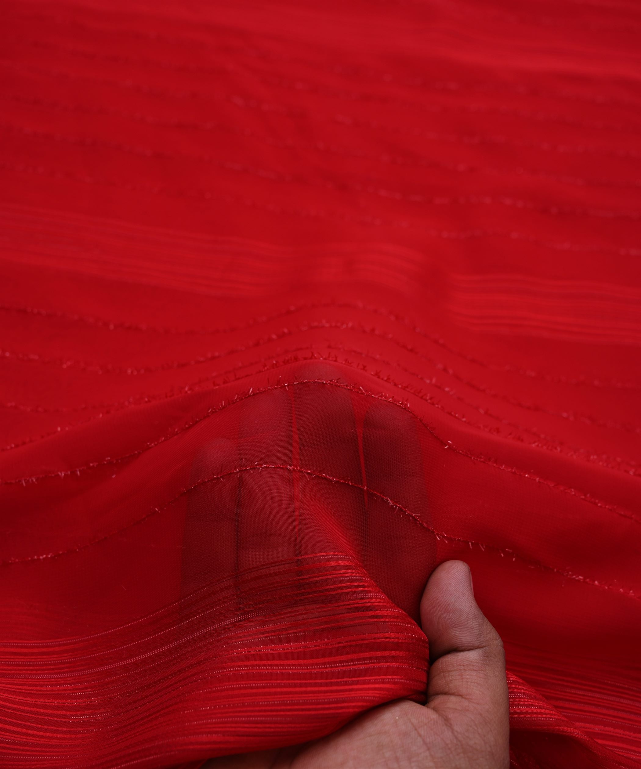 Red Georgette Fabric with Satin and Fur Stripes