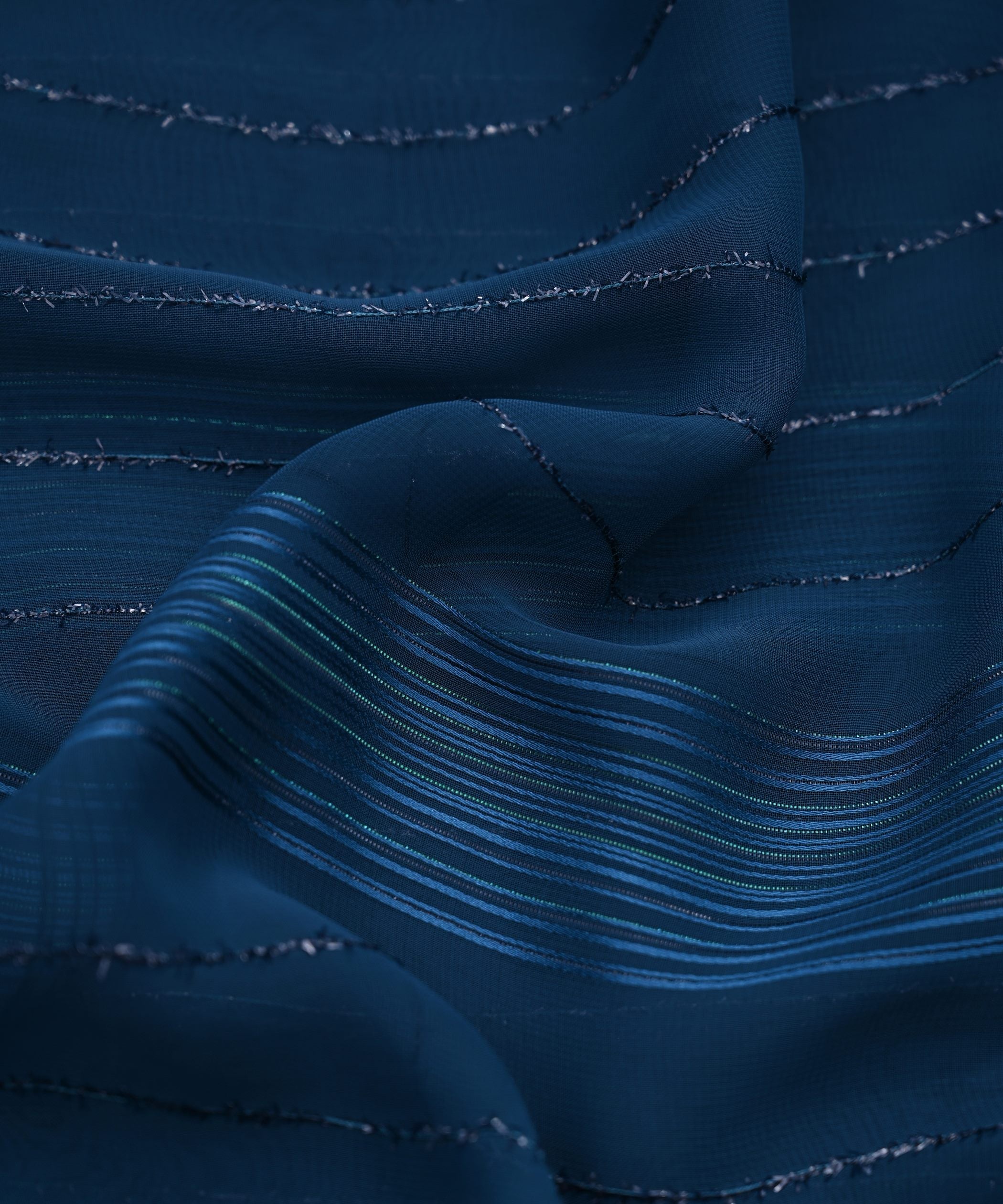 Teal Georgette Fabric with Satin and Fur Stripes