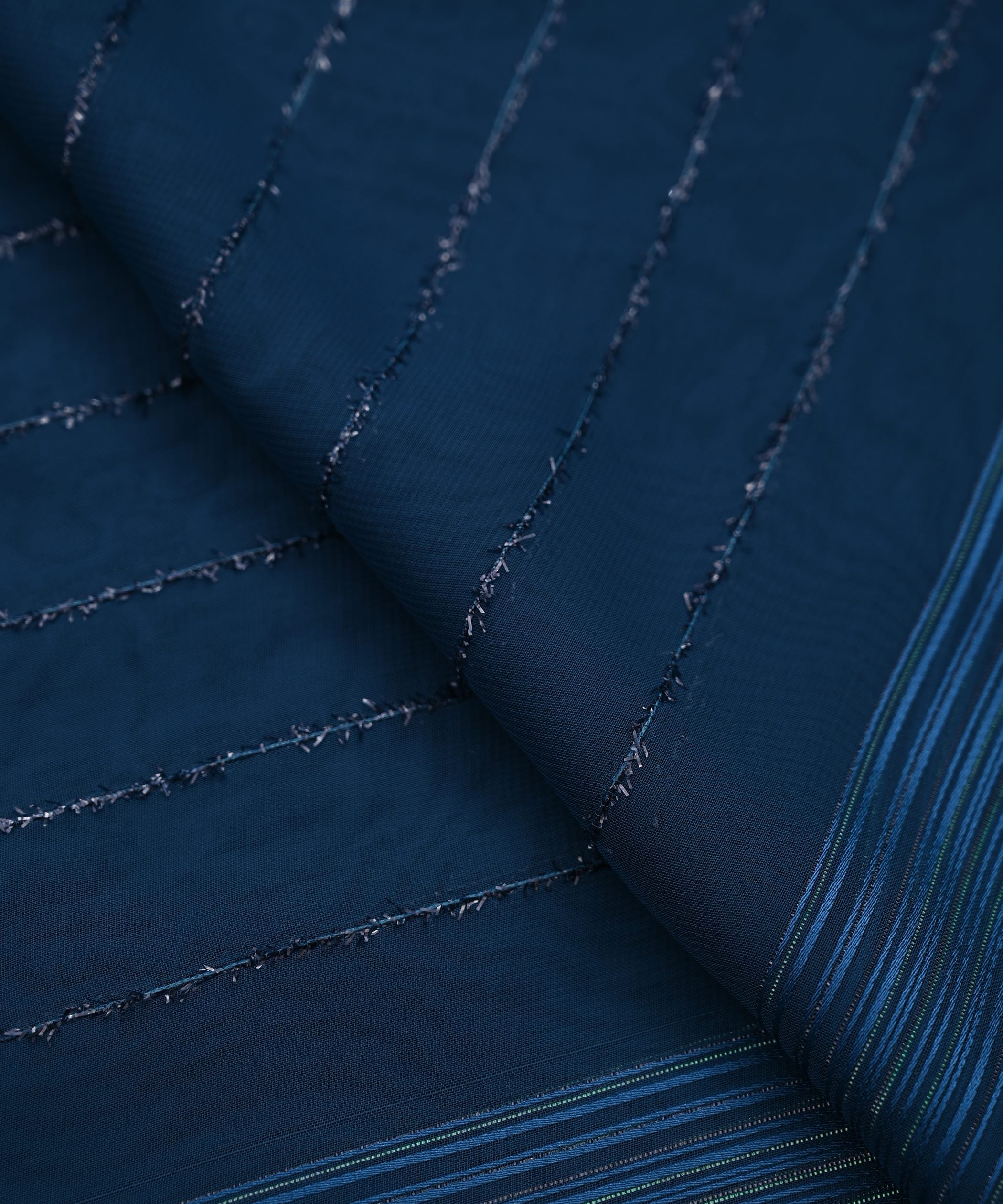 Teal Georgette Fabric with Satin and Fur Stripes