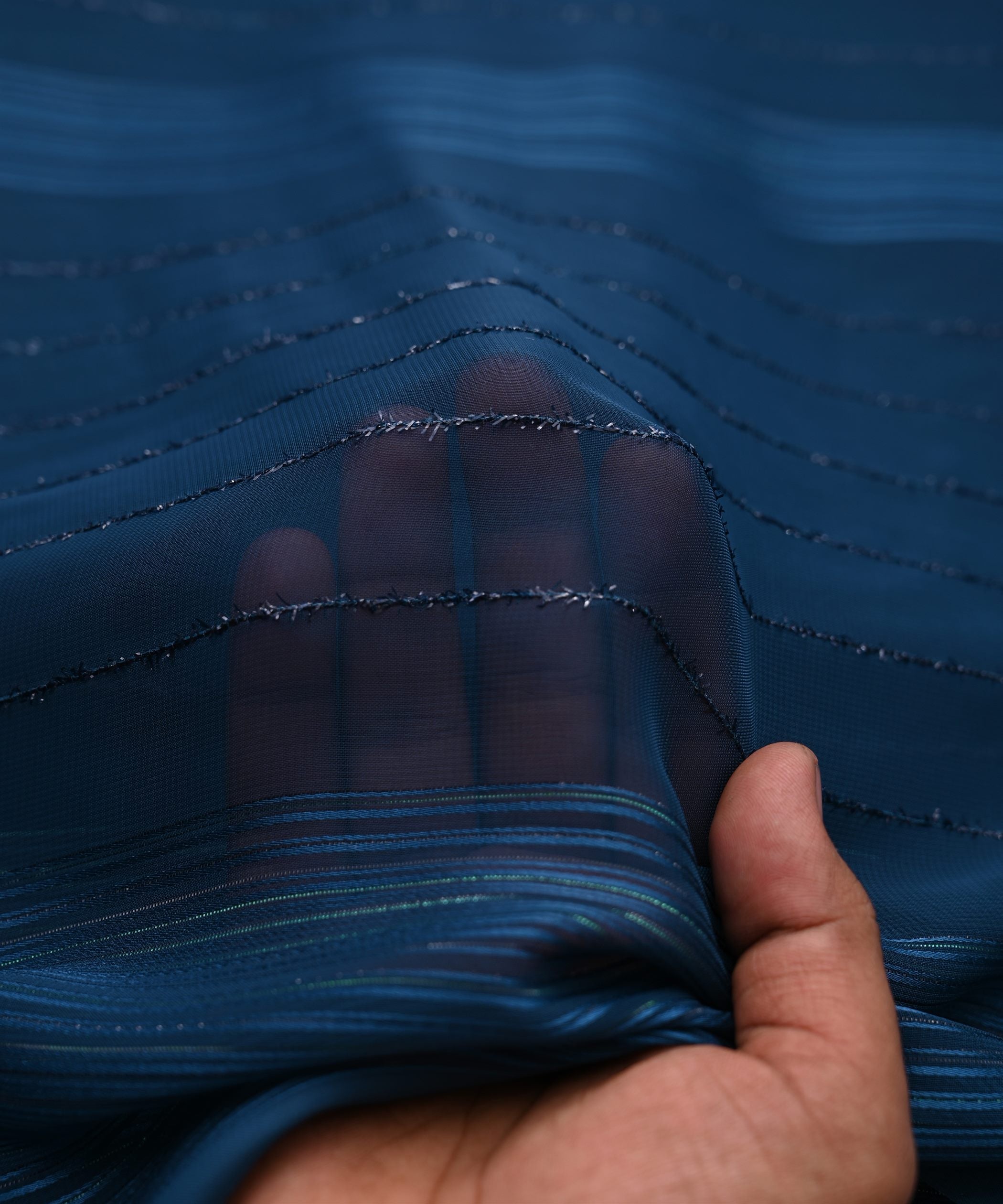 Teal Georgette Fabric with Satin and Fur Stripes