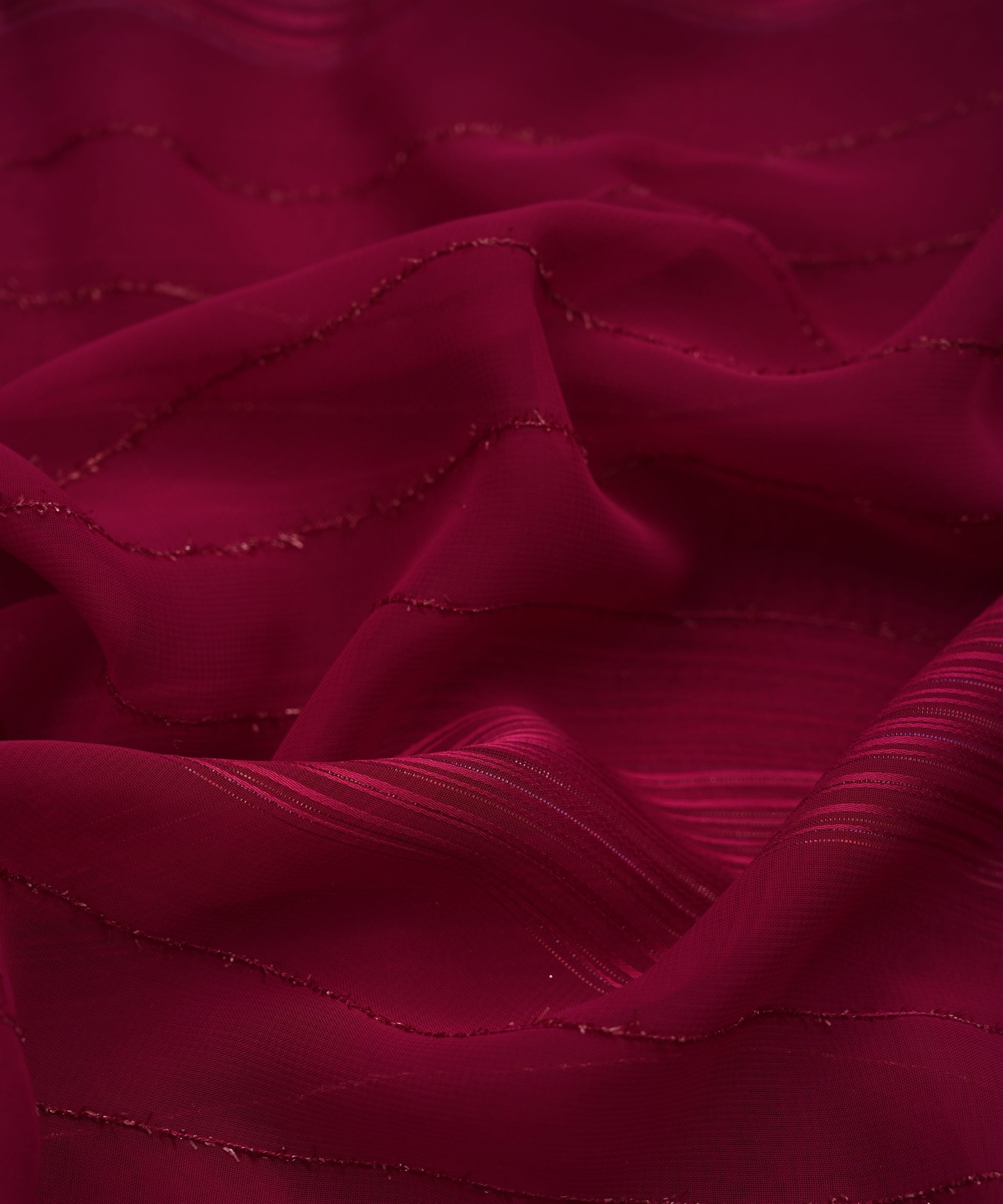 Wine Georgette Fabric with Satin and Fur Stripes