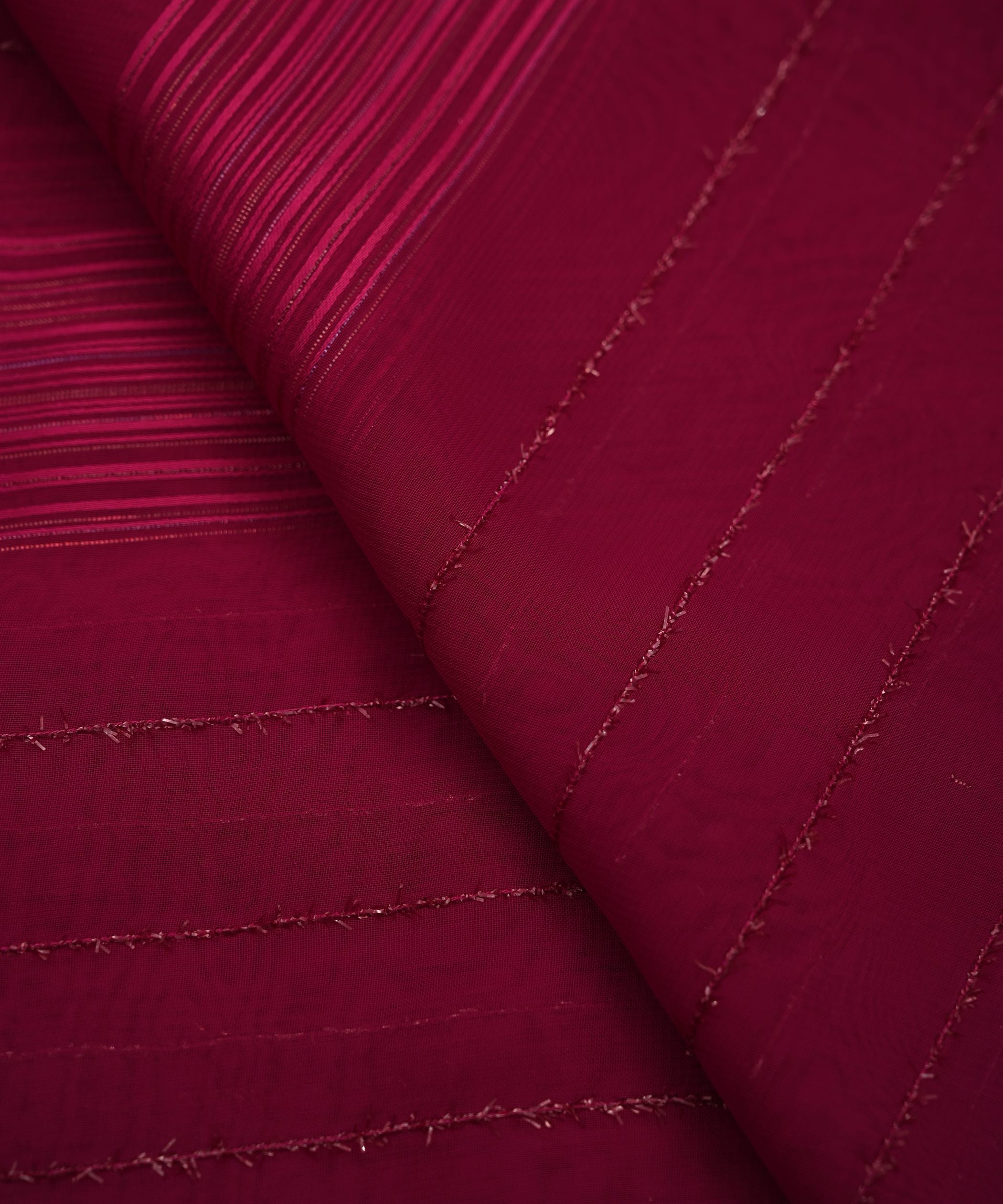 Wine Georgette Fabric with Satin and Fur Stripes