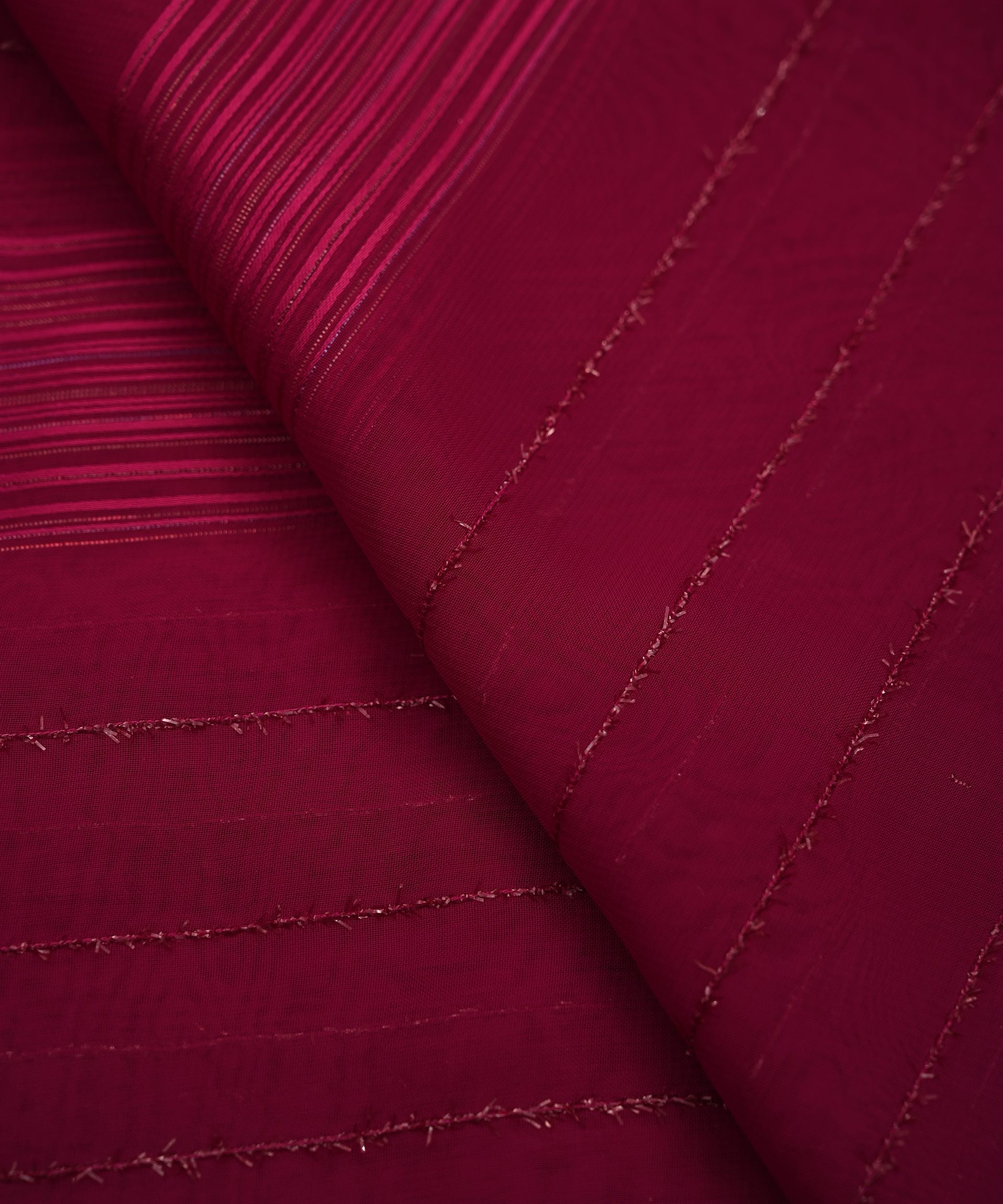 Wine Georgette Fabric with Satin and Fur Stripes