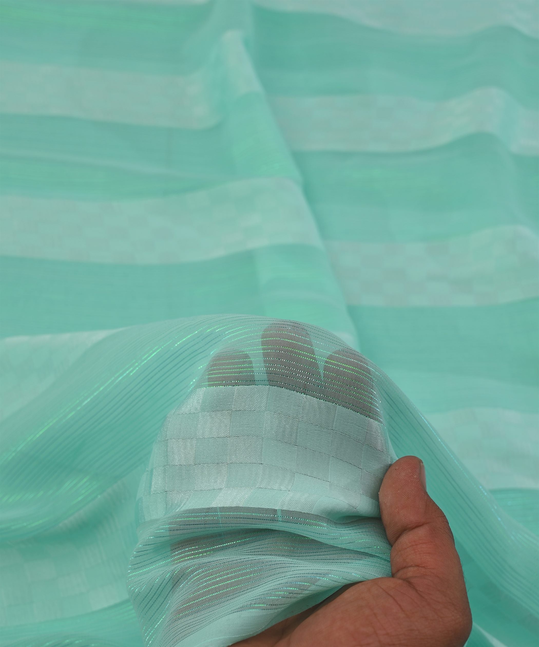 Aqua Blue Georgette Fabric with Satin Patta and Checks