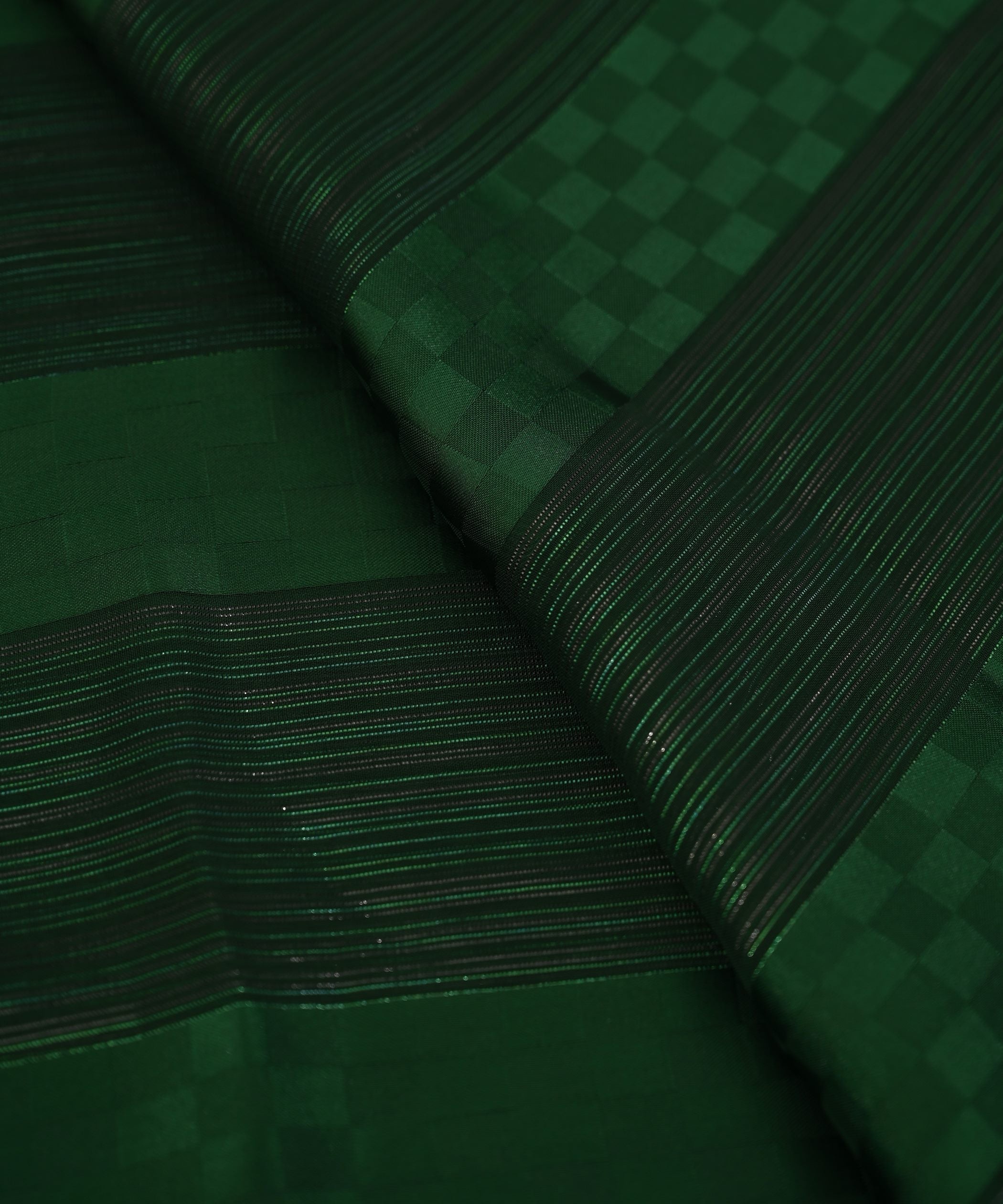 Dark Green Georgette Fabric with Satin Patta and Checks