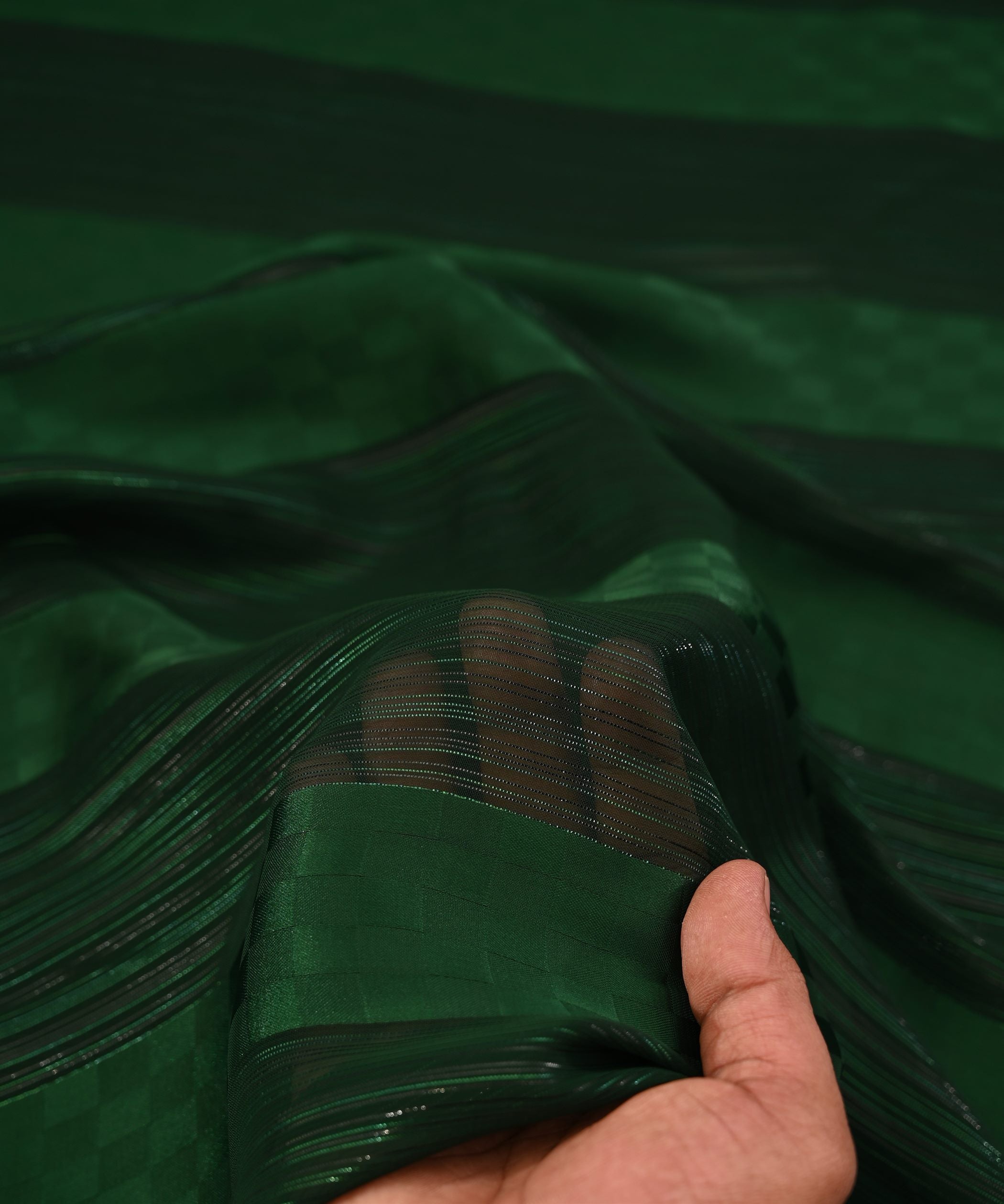 Dark Green Georgette Fabric with Satin Patta and Checks