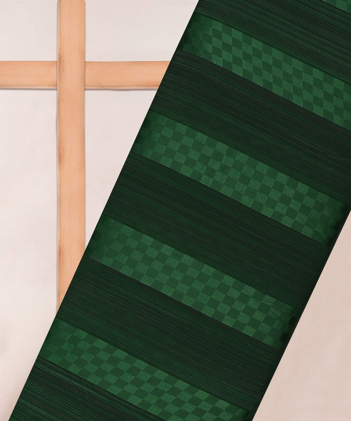 Dark Green Georgette Fabric with Satin Patta and Checks