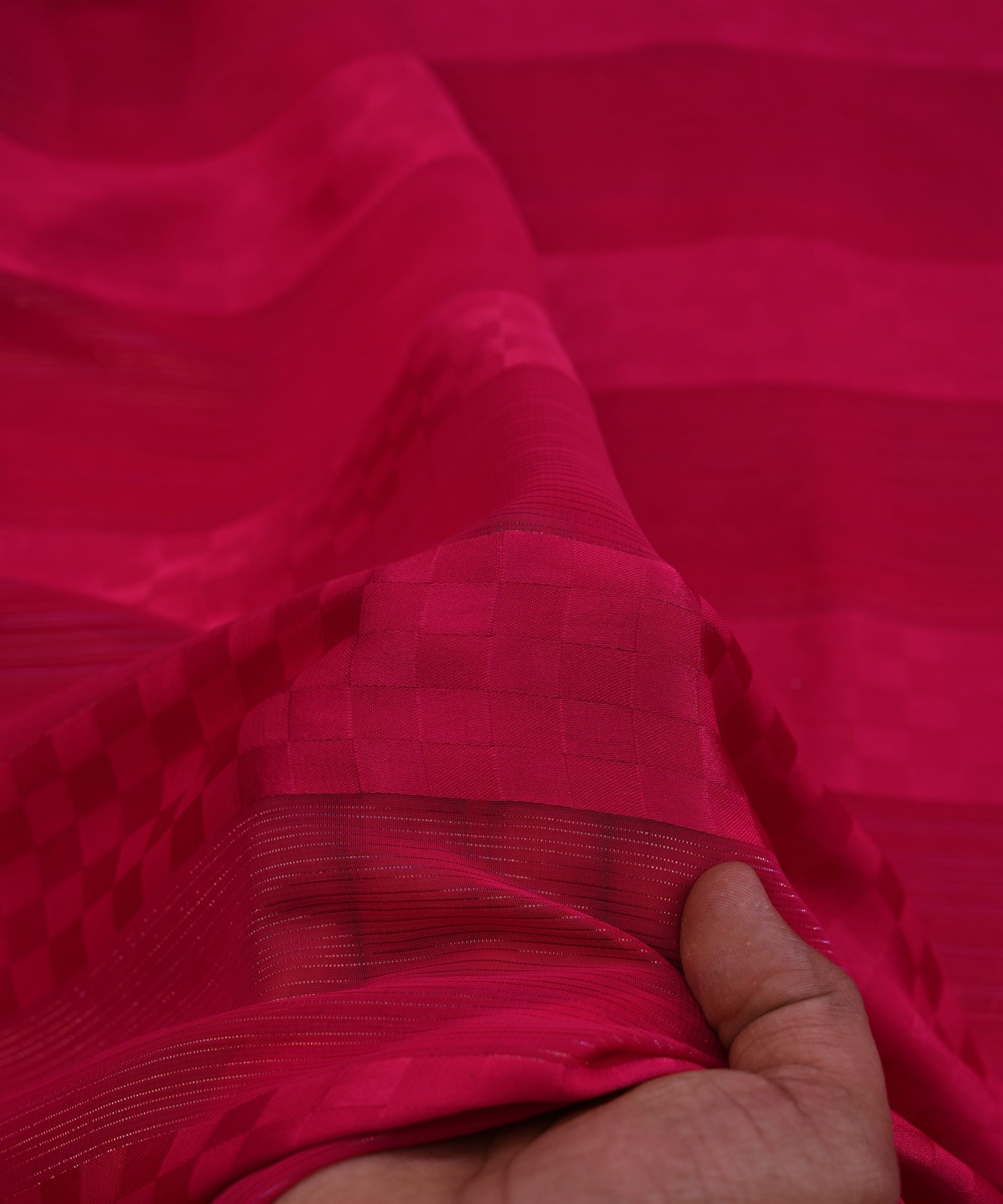 Hot Pink Georgette Fabric with Satin Patta and Checks