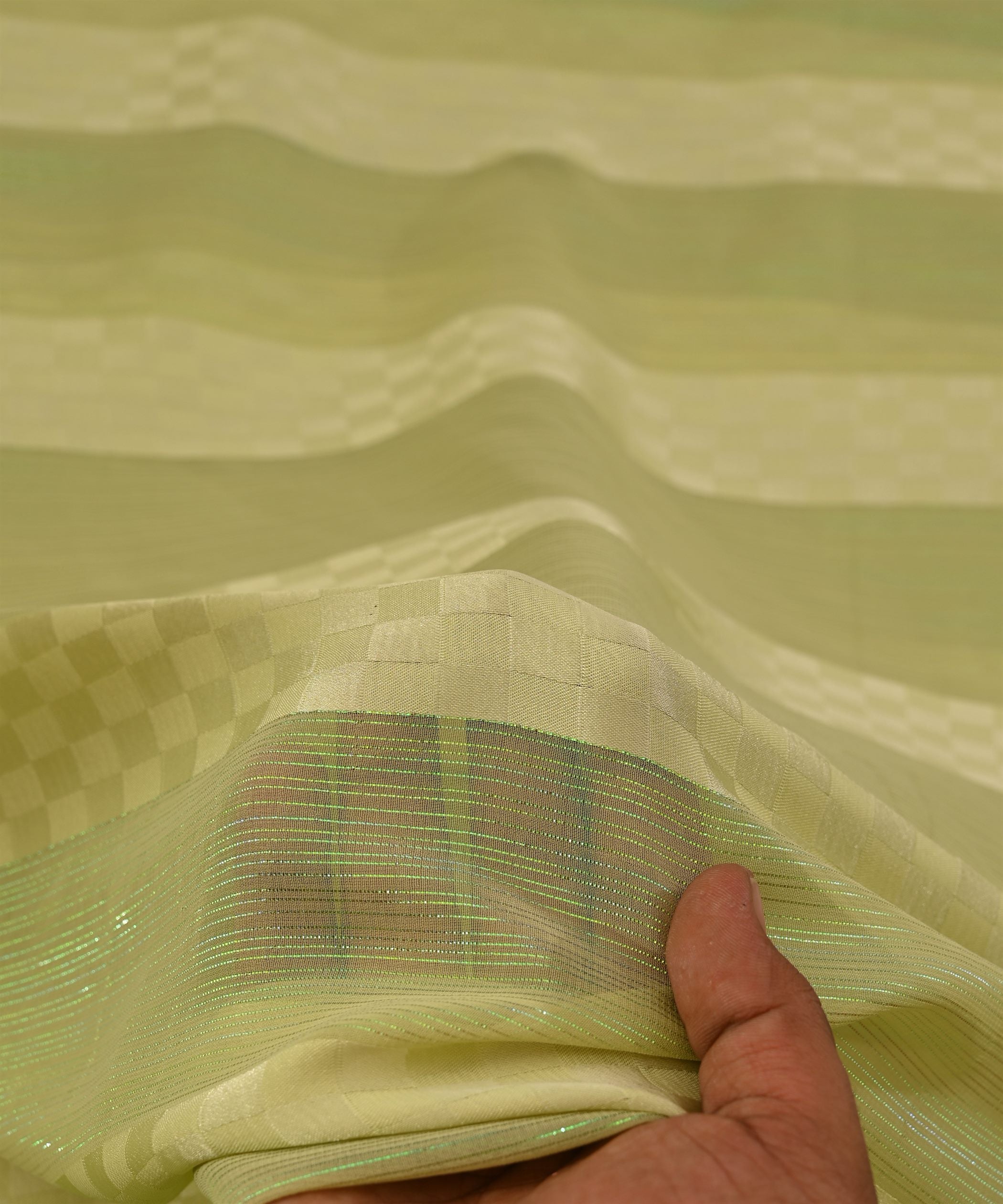 Pista Green Georgette Fabric with Satin Patta and Checks