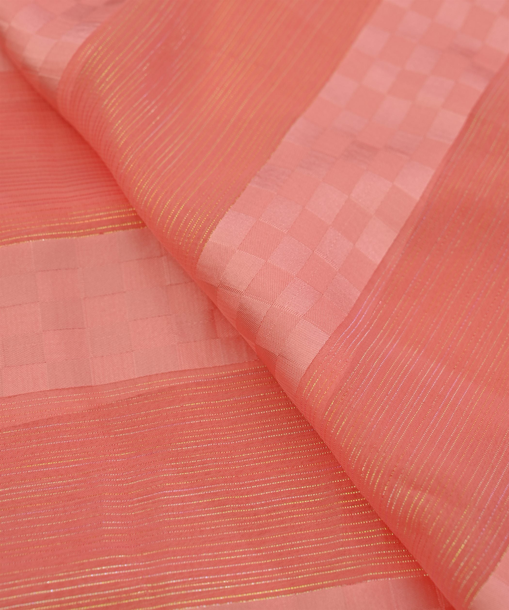 Reddish Pink Georgette Fabric with Satin Patta and Checks