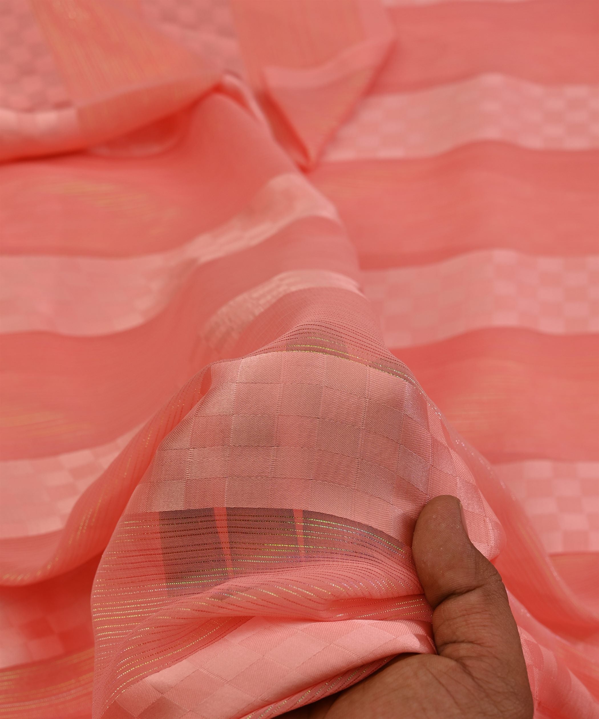 Reddish Pink Georgette Fabric with Satin Patta and Checks