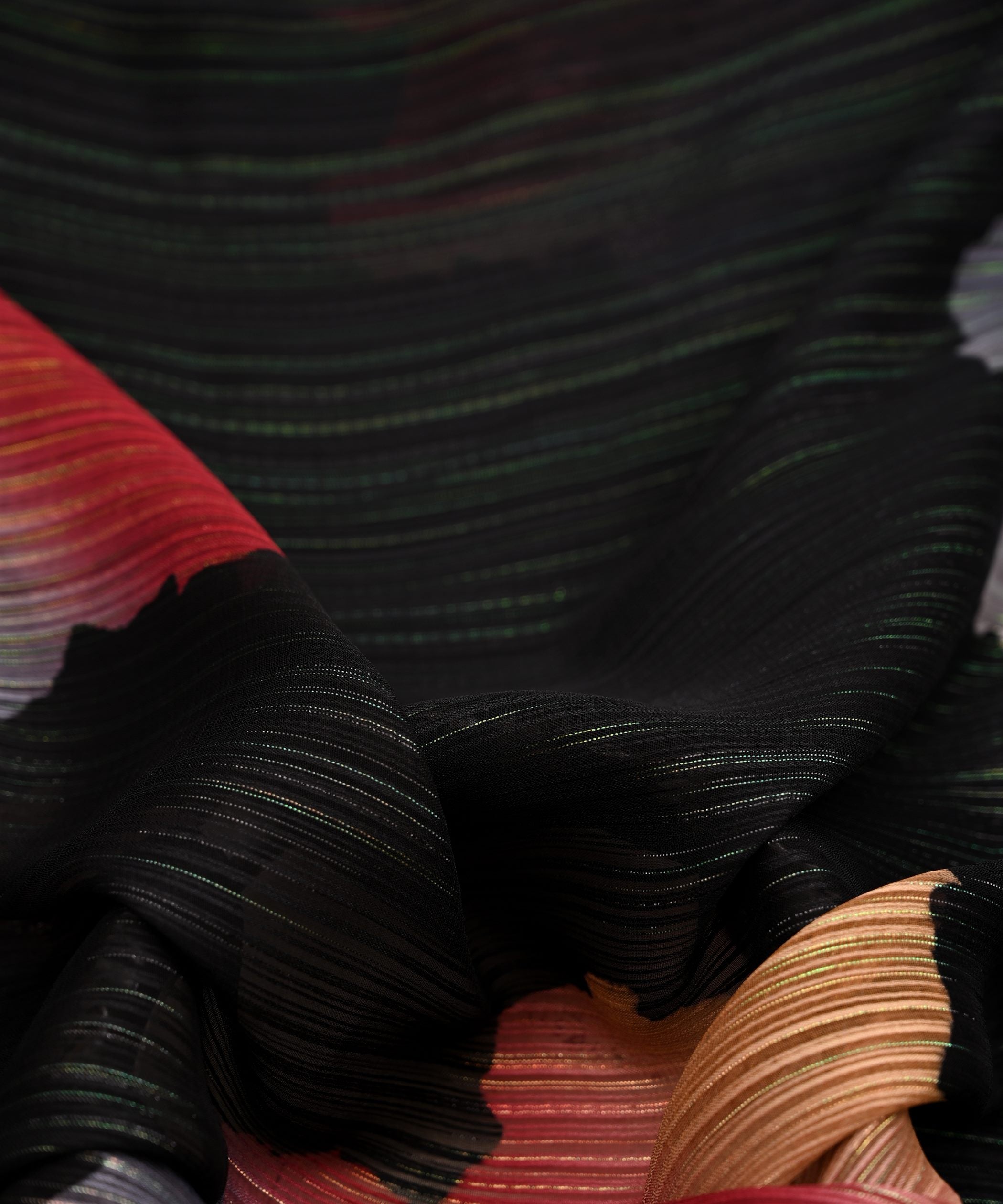 Black Spray Print Georgette Fabric with Satin Stripes