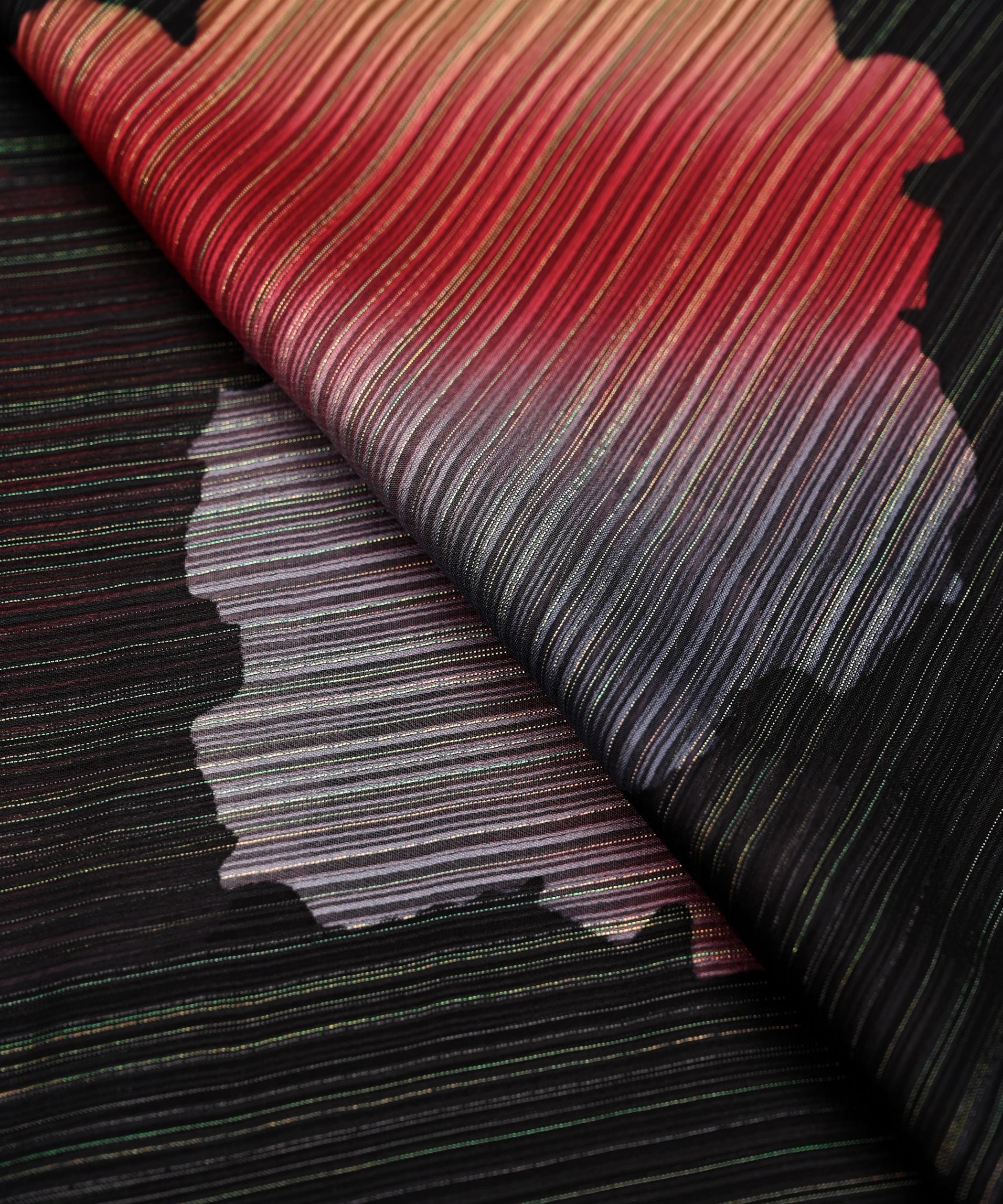 Black Spray Print Georgette Fabric with Satin Stripes