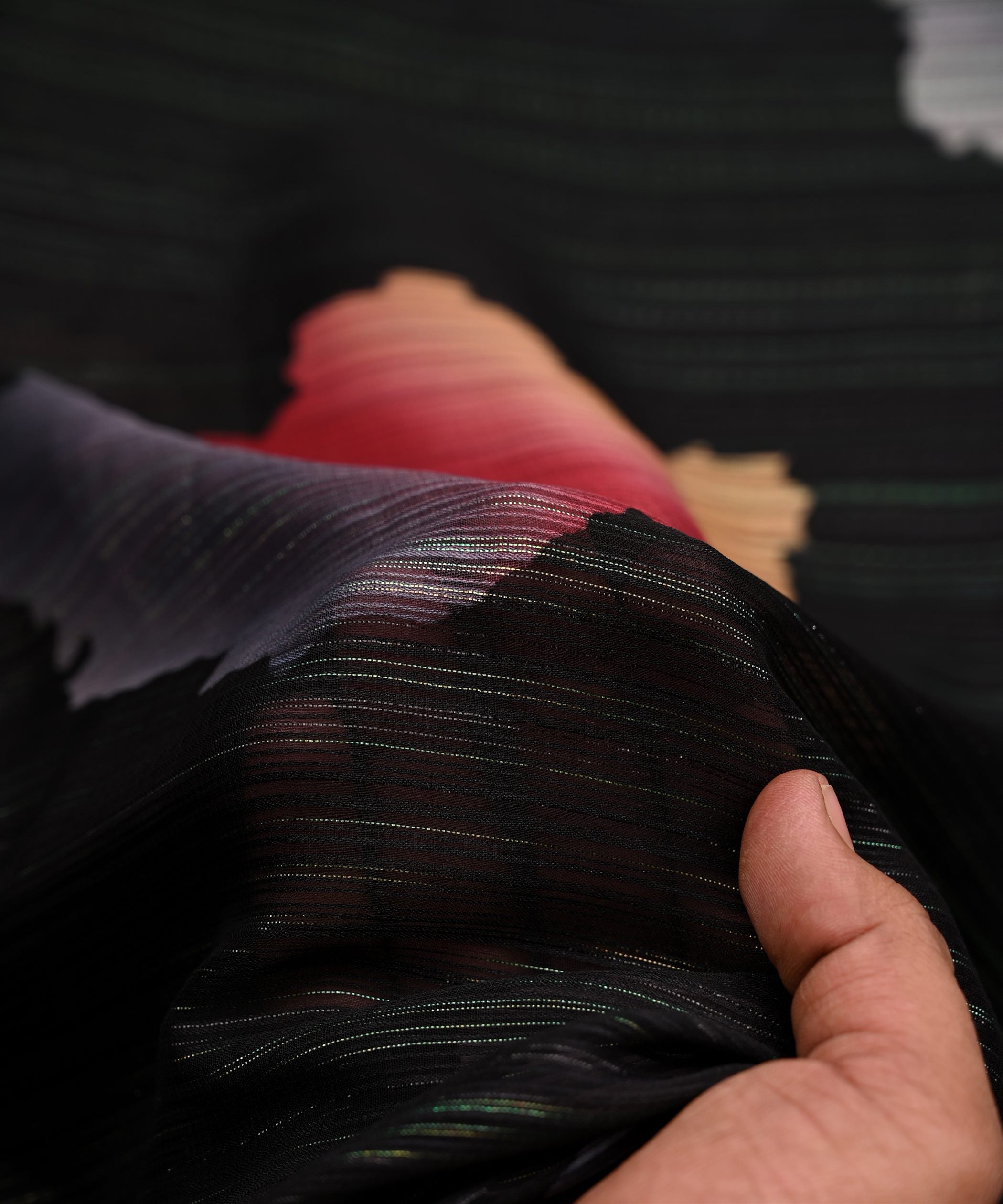 Black Spray Print Georgette Fabric with Satin Stripes