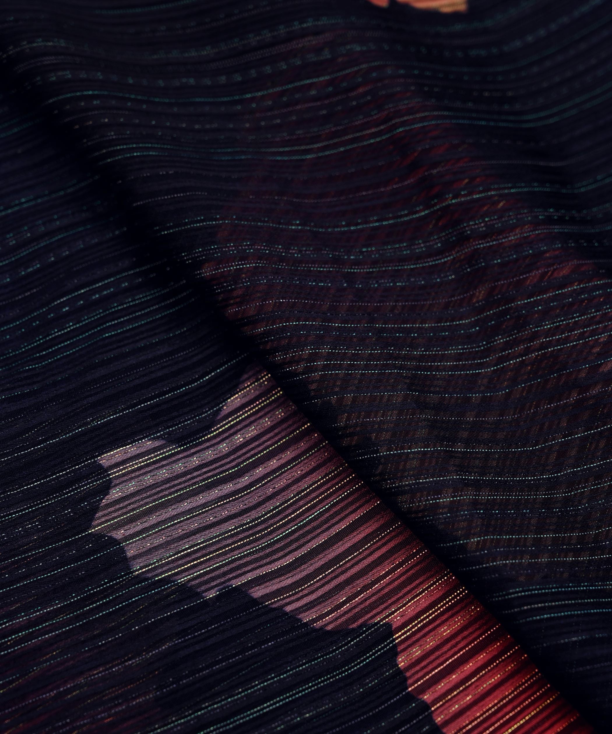 Navy Blue Spray Print Georgette Fabric with Satin Stripes