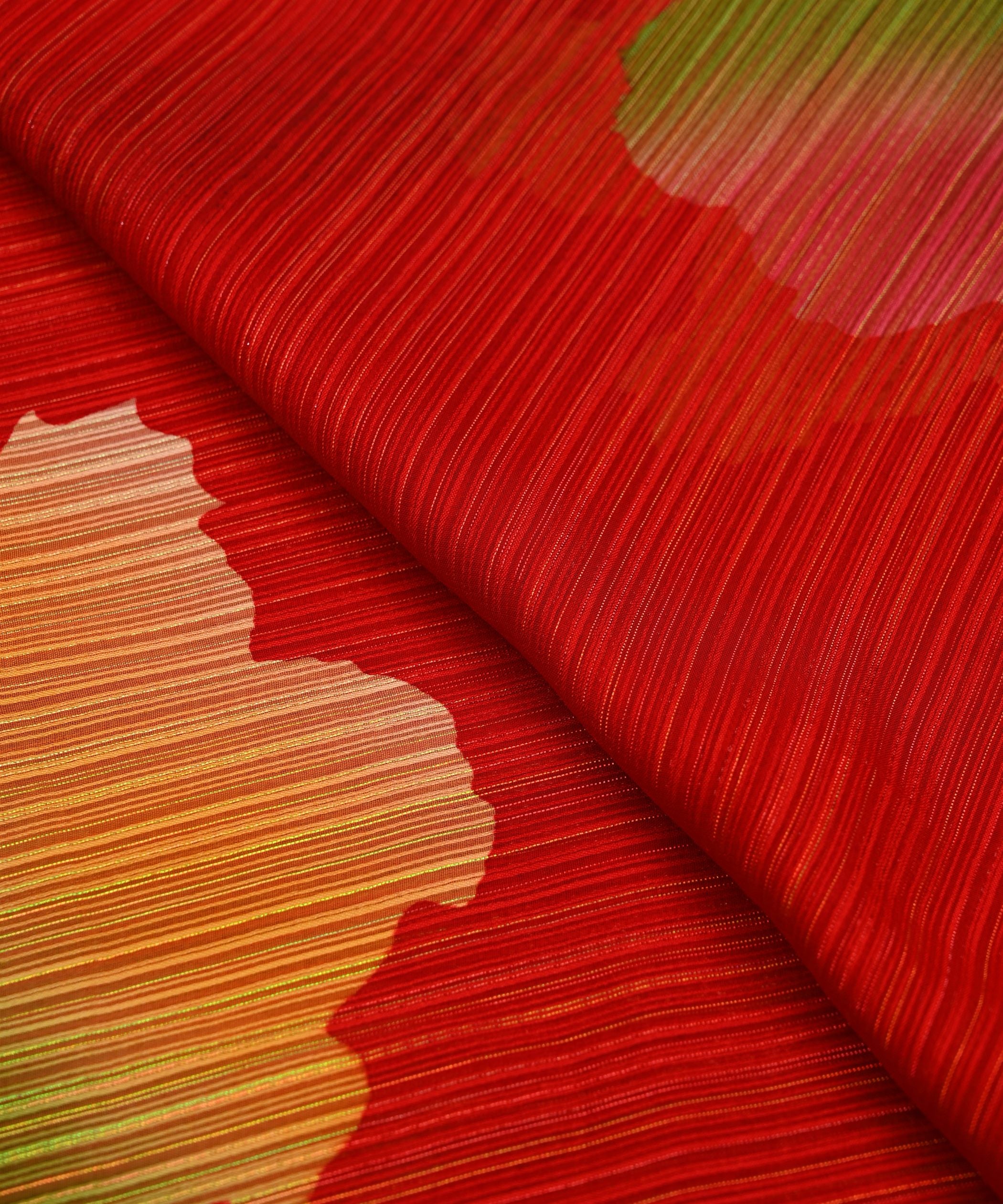 Red Spray Print Georgette Fabric with Satin Stripes