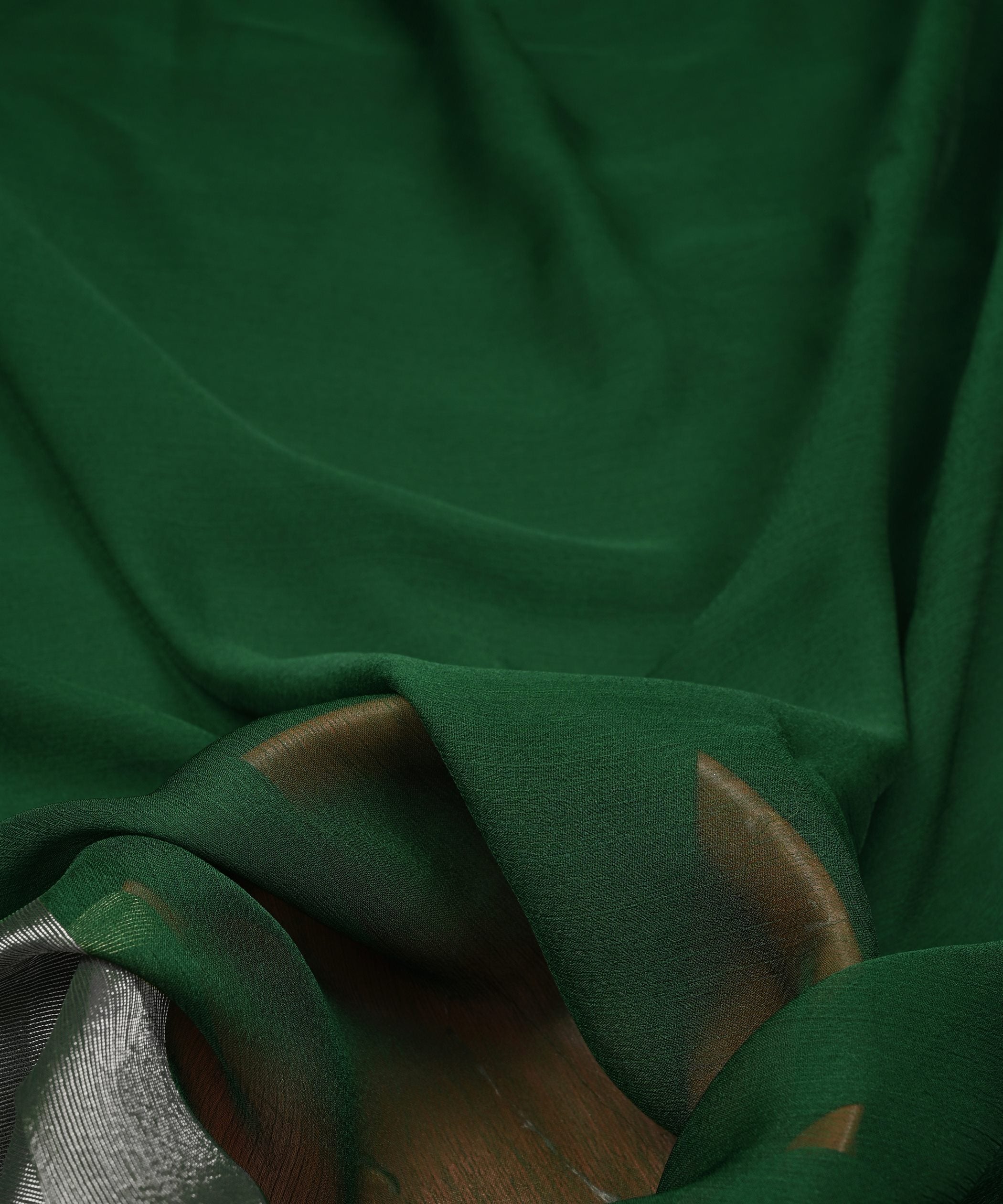 Dark Green Georgette Fabric with Silver Border