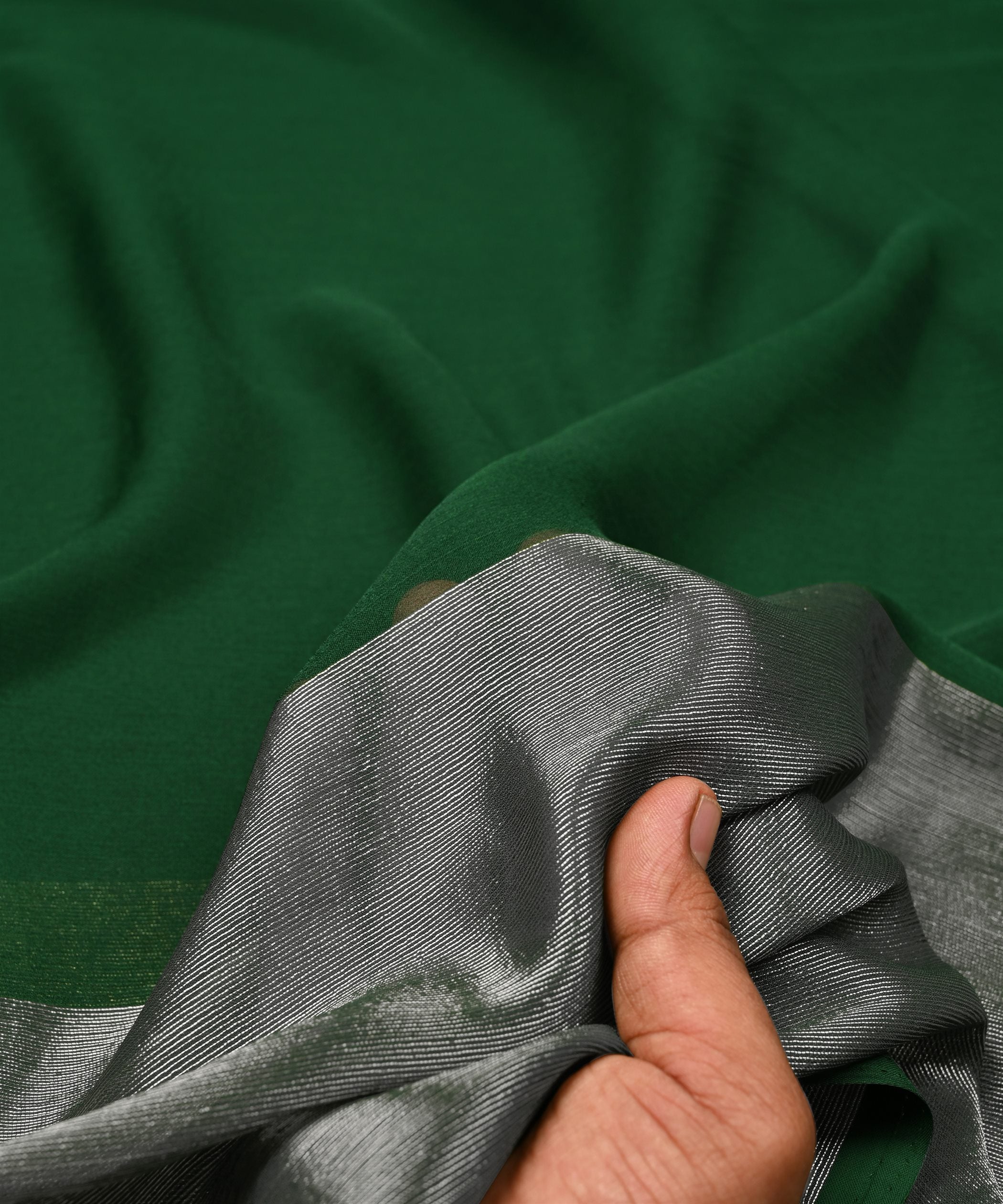 Dark Green Georgette Fabric with Silver Border